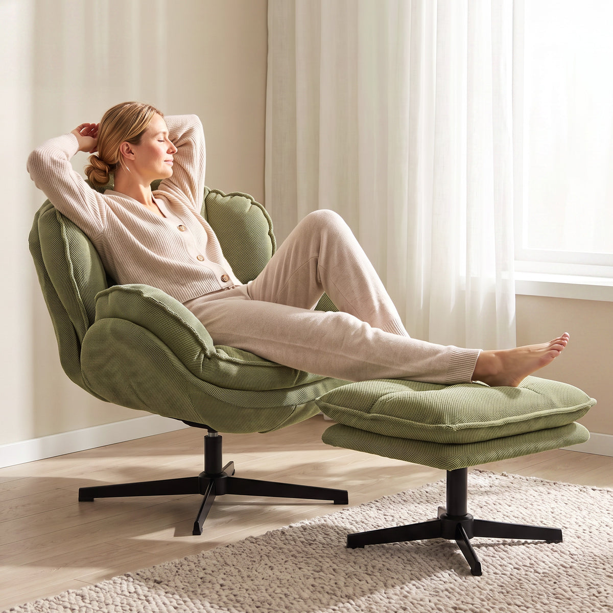 Armchair with Adjustable Footstool, 360° Swivel Chenille Cloud Accent Chair with Thick Cushion, Steel Base for Living Room, Bedroom, Green