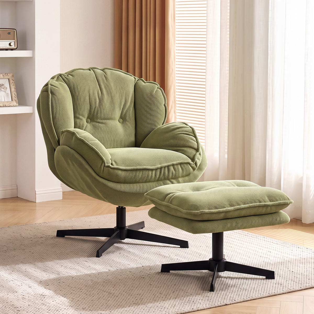 Armchair with Adjustable Footstool, 360° Swivel Chenille Cloud Accent Chair with Thick Cushion, Steel Base for Living Room, Bedroom, Green