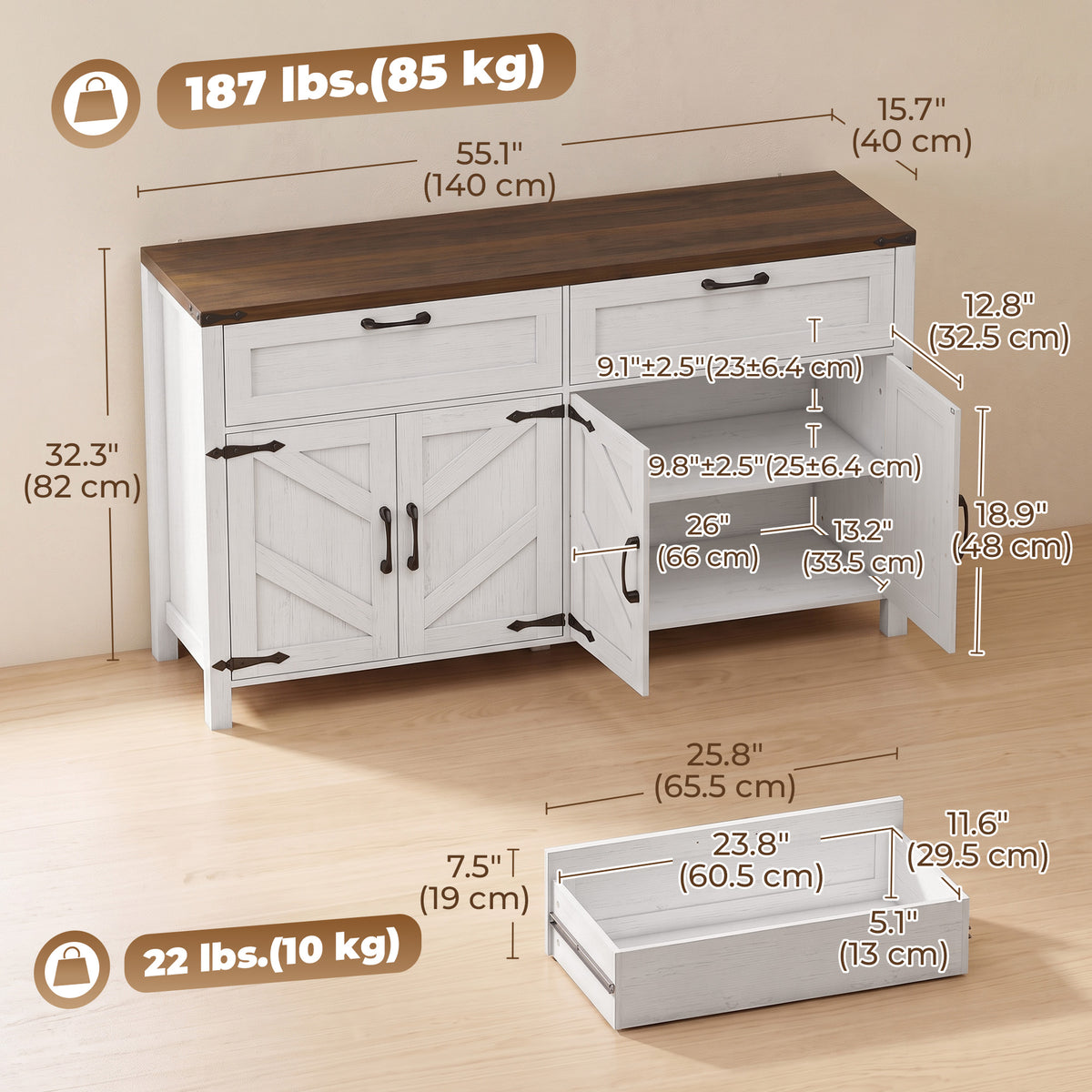 Sideboard Buffet Cabinet with Storage, 55" Large Farmhouse Kitchen Storage Cabinet with 2 Drawers and 4 Doors, Coffee Bar Station with Adjustable Shelves