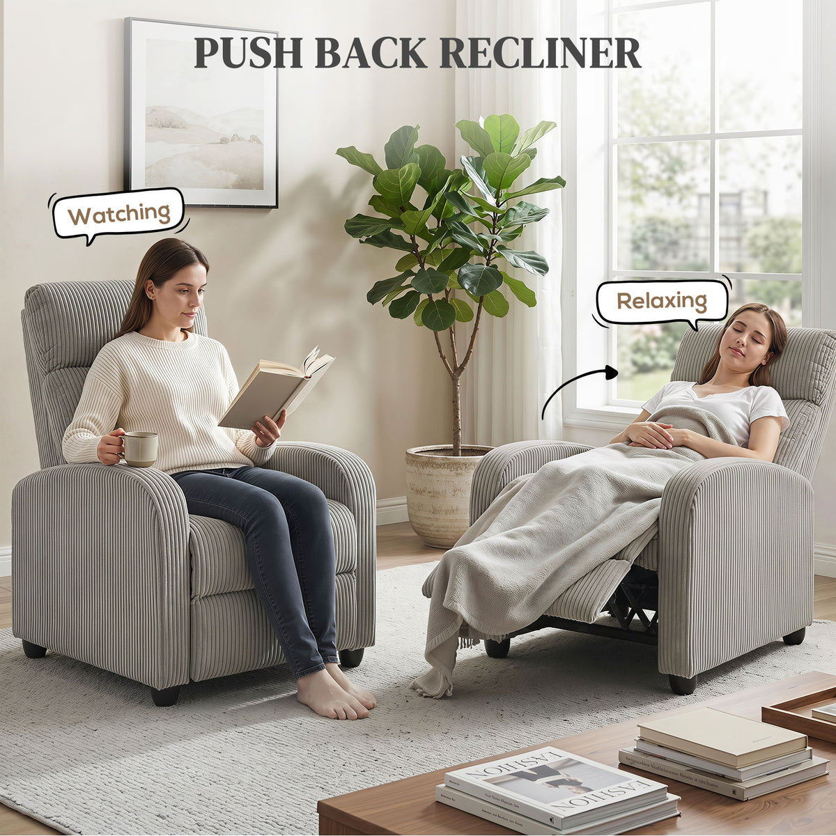 Push Back Recliner Chair, Corduroy Home Theater Seating, Single Reclining Sofa Chair with Padded Seat for Living Room, Grey