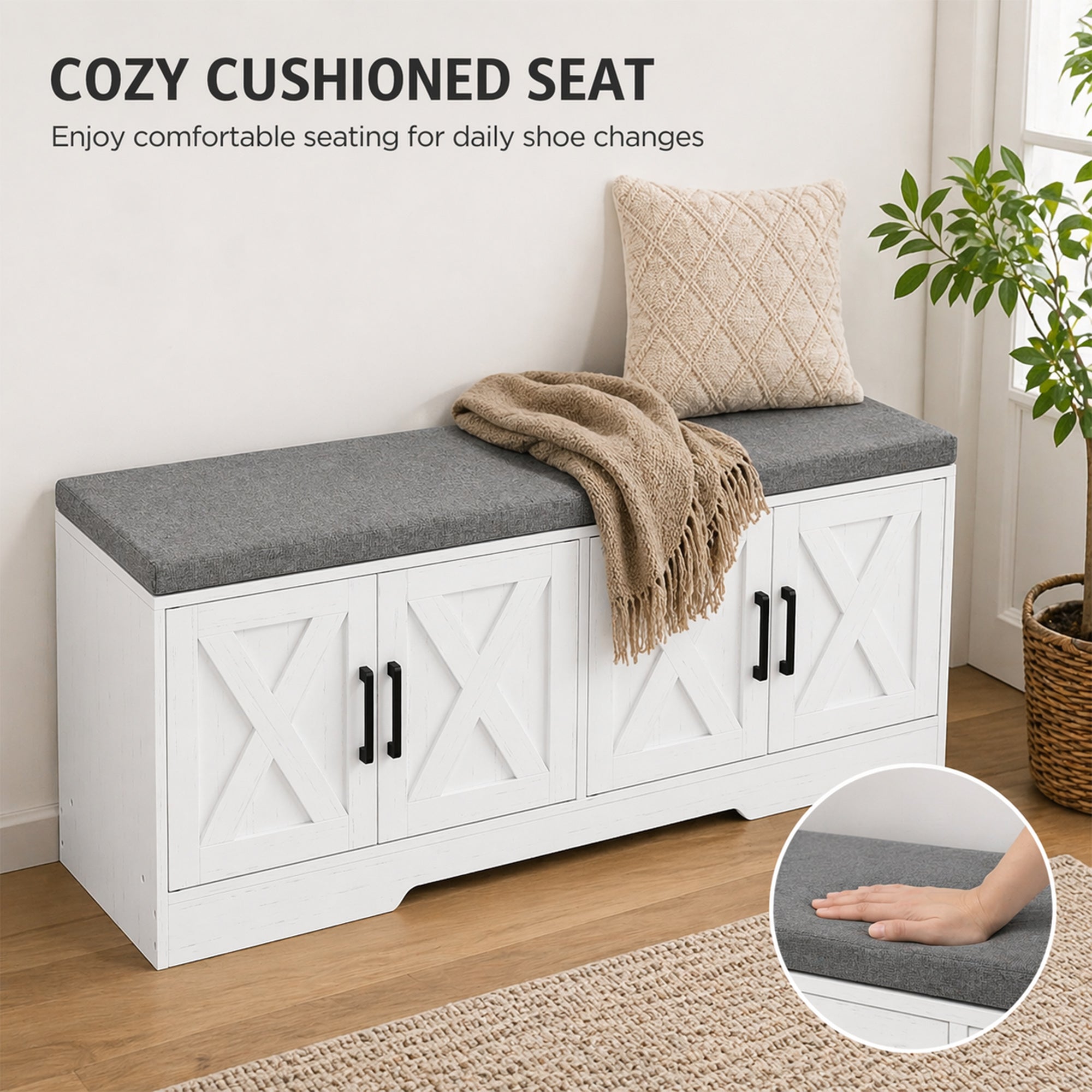 Shoe Bench with Storage, Shoe Storage Bench with 2-Tier Cabinet, Padded Seat Cushion and Adjustable Shelves, Modern Farmhouse Entryway Storage Cabinet, White