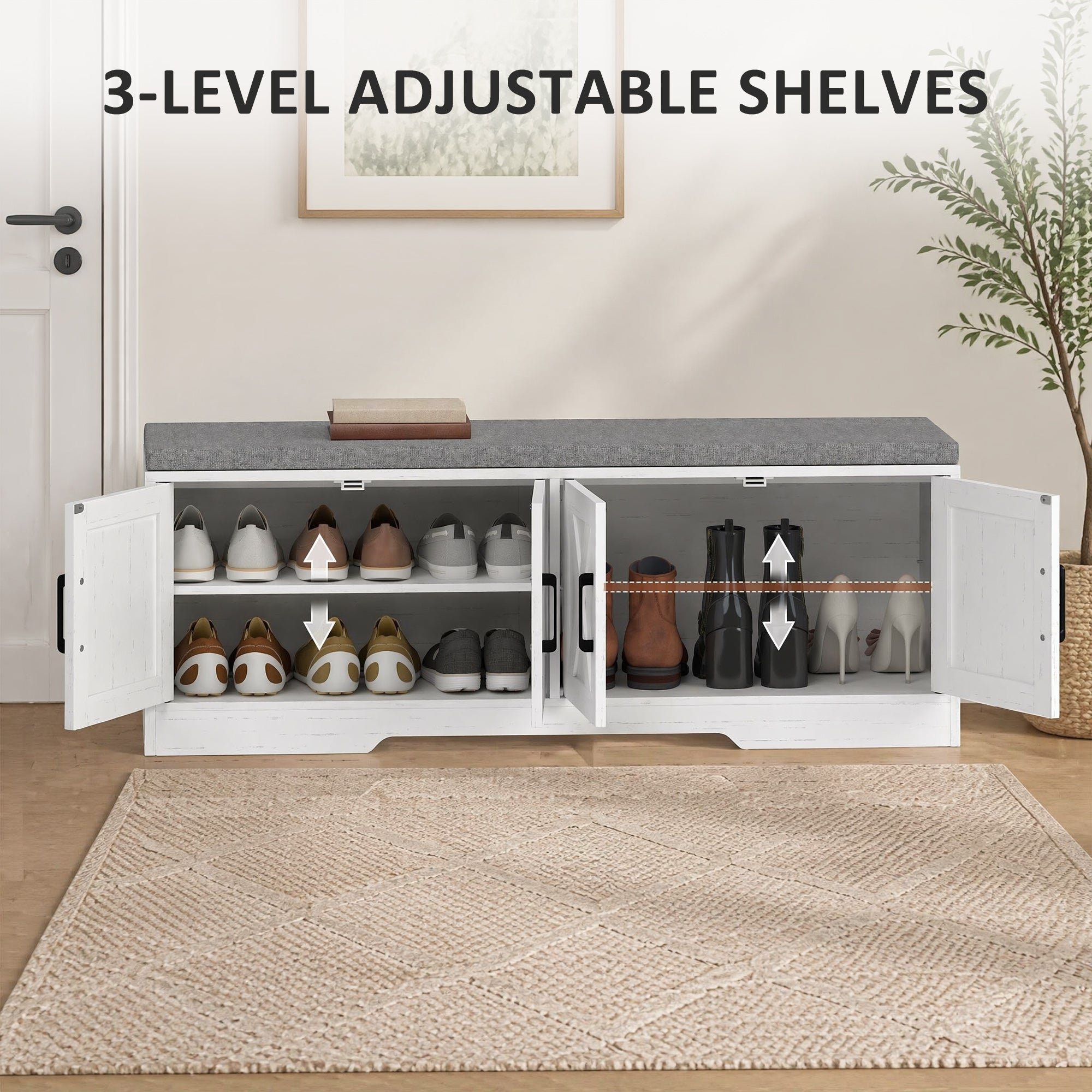 Shoe Bench with Storage, Shoe Storage Bench with 2-Tier Cabinet, Padded Seat Cushion and Adjustable Shelves, Modern Farmhouse Entryway Storage Cabinet, White