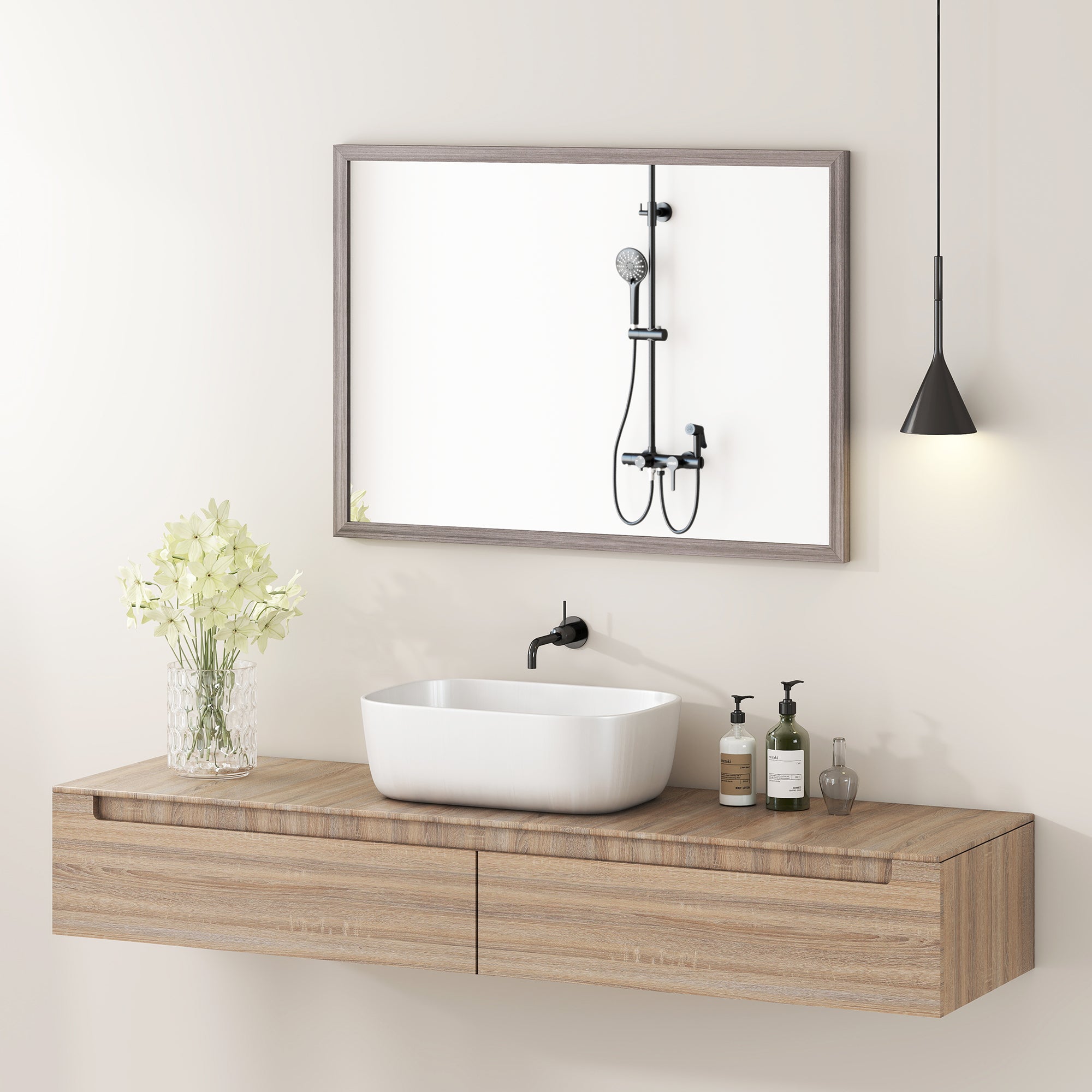 Decorative Rectangular Wall Mirror, 50W x 70H cm Wall-Mounted Bathroom Mirror for Living Room, Bedroom, Hallway, Grey Wood Grain