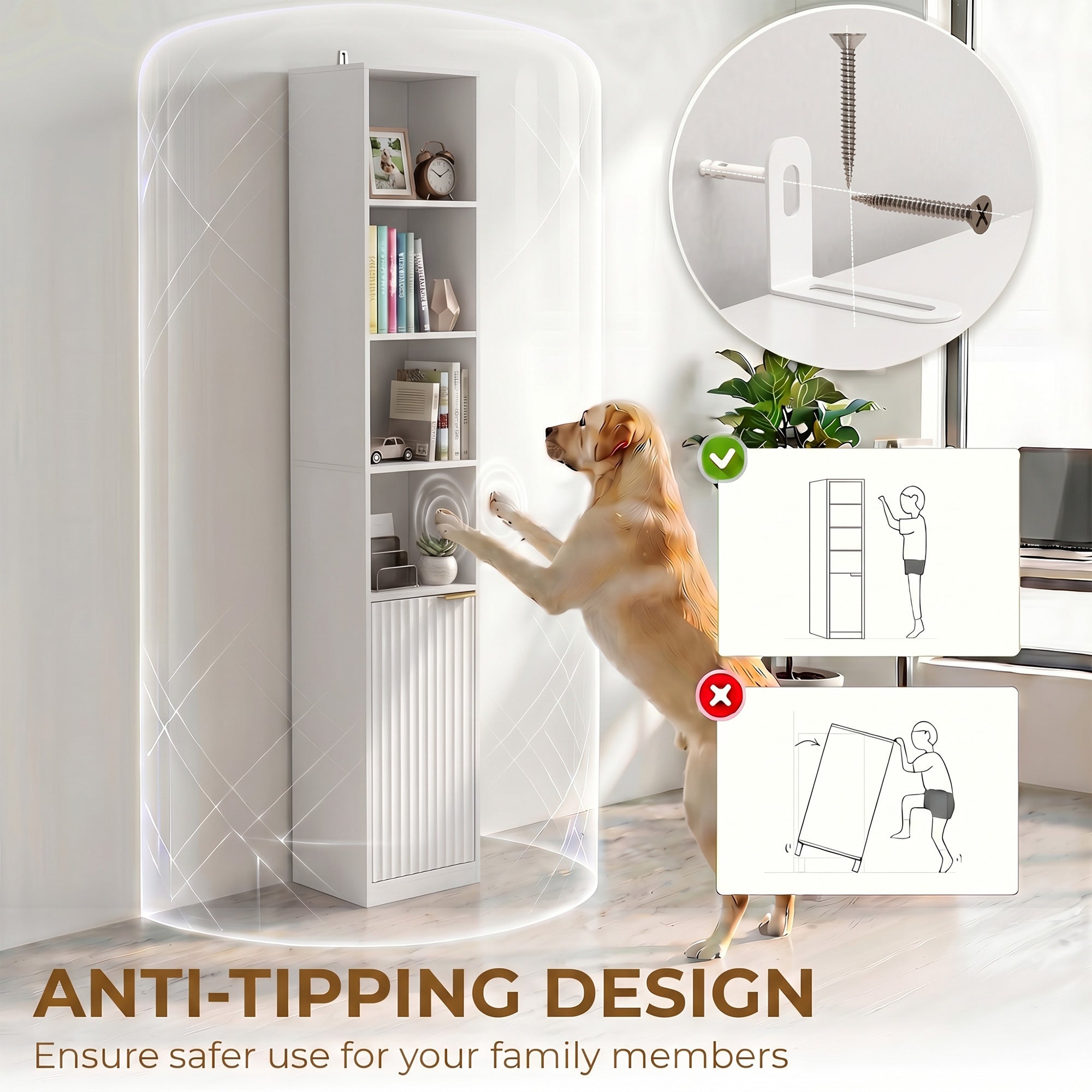 Bookcase, 6-Tier Tall Bookshelf, Open Book Shelf with Storage Cabinet and Adjustable Shelf, Anti-Tip Hardware for Living Room, Bedroom, Home Office, White Wood Effect