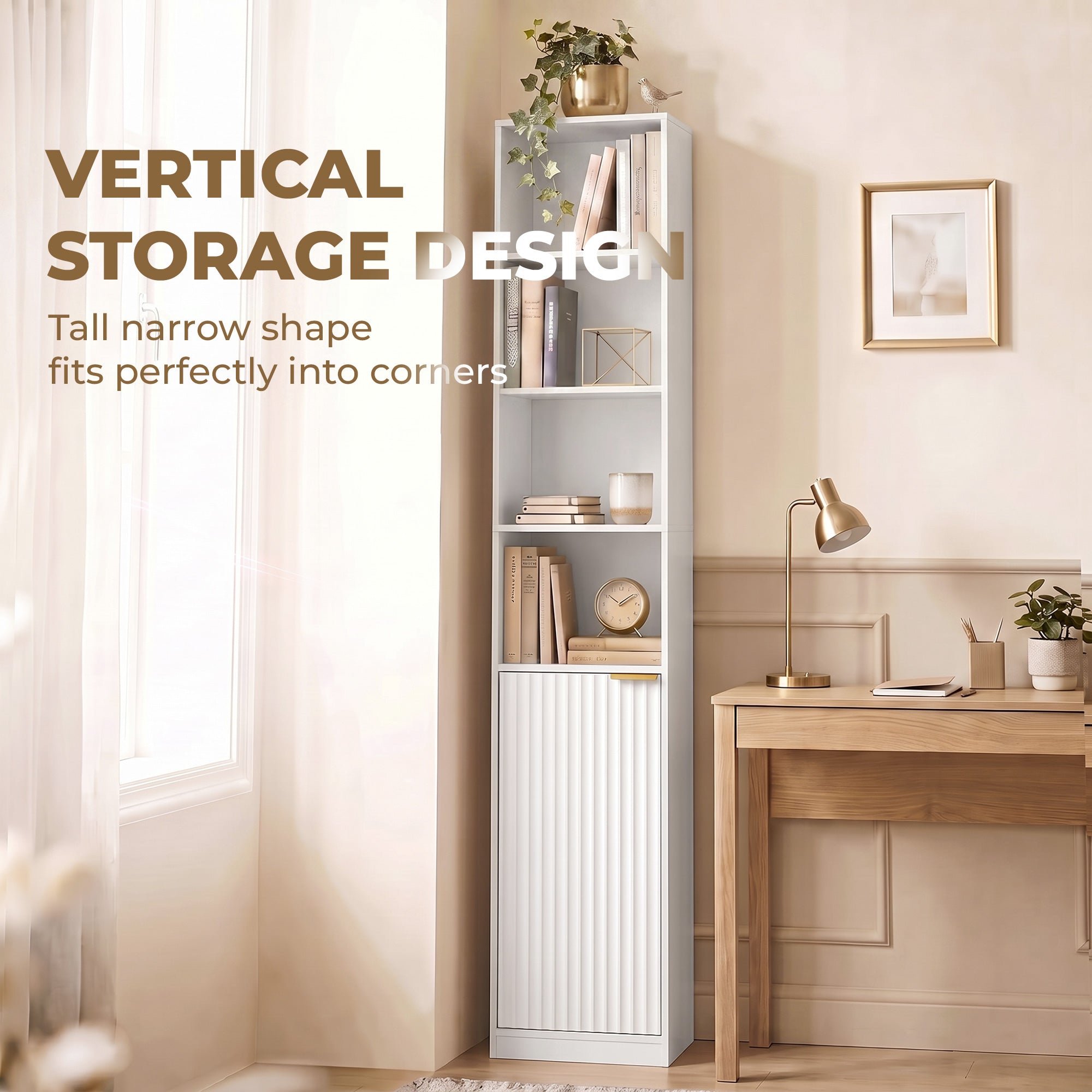 Bookcase, 6-Tier Tall Bookshelf, Open Book Shelf with Storage Cabinet and Adjustable Shelf, Anti-Tip Hardware for Living Room, Bedroom, Home Office, White Wood Effect