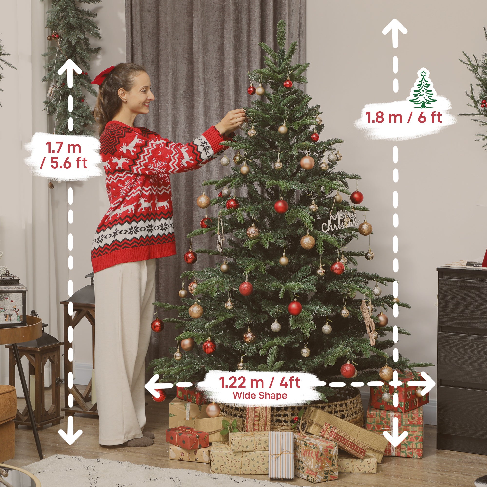 6ft Artificial Christmas Tree with Realistic Tips, Wide Shape, Hinged Xmas Tree with Foldable Metal Stand for Home Decoration, Flame-Retardant, Easy Assembly, Green