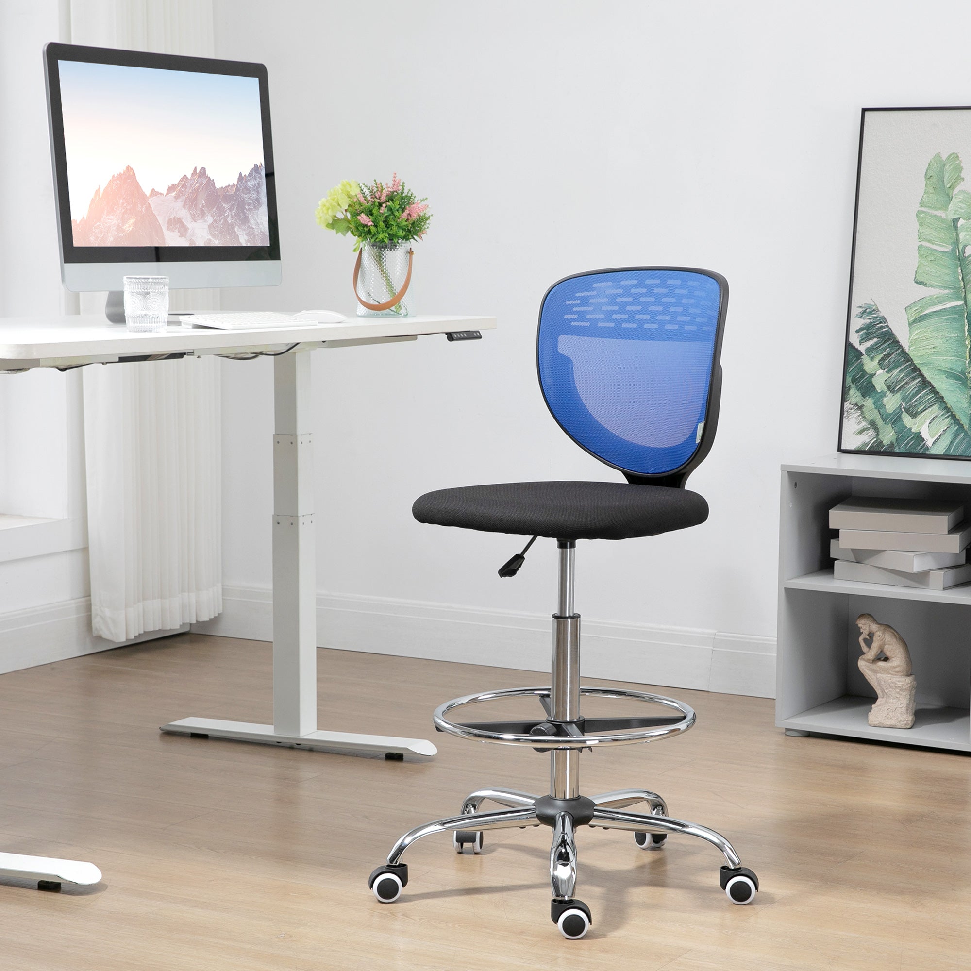 Vinsetto Drafting Chair, Swivel Office Draughtsman Chair, Mesh Standing Desk Chair with Lumbar Support, Adjustable Foot Ring, Armless, Dark Blue
