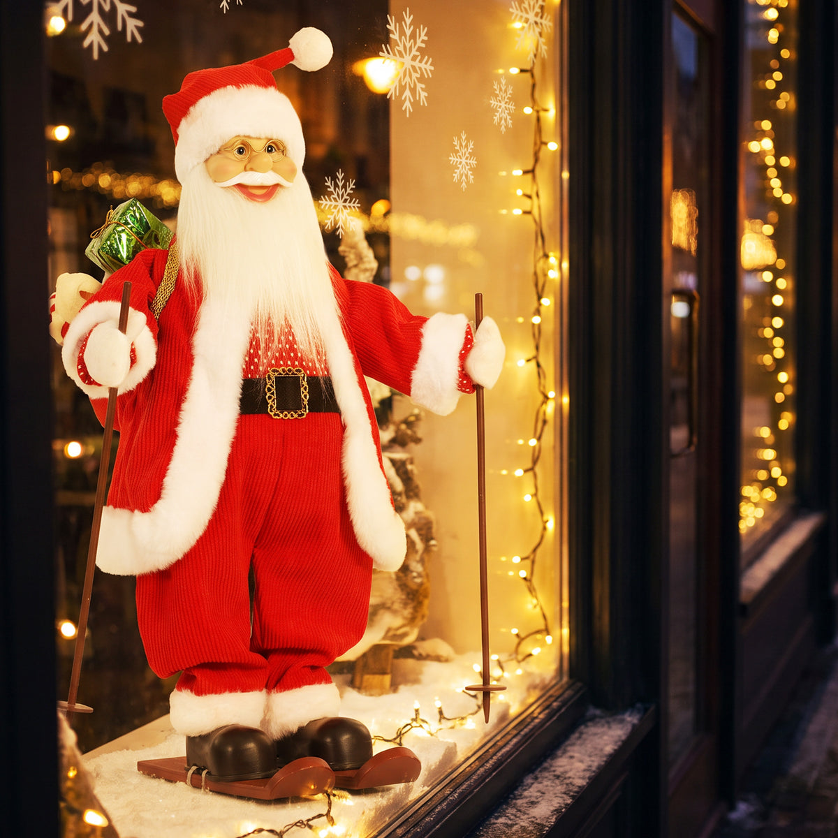 2ft Singing Skiing Santa Claus, 66 cm Standing Musical Animated Santa with Ski Board, Poles, Sack, Posable Arms, Handcrafted, Sound Touch Activated, Moving Christmas Figure Decoration