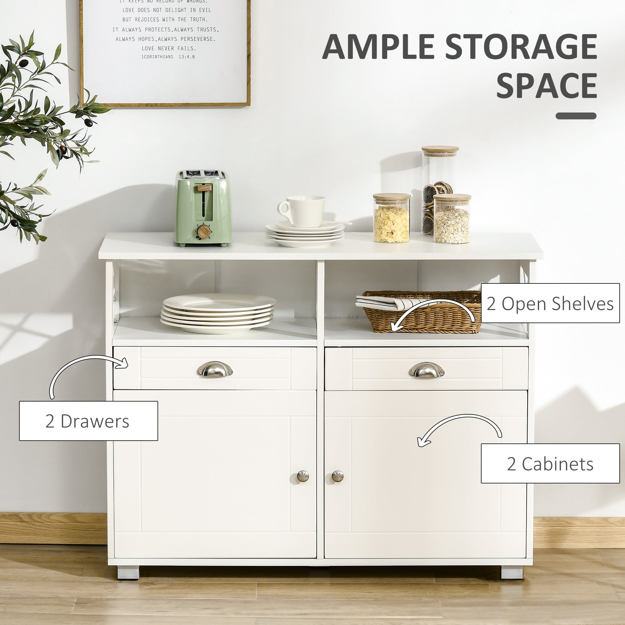 HOMCOM Sideboard Buffet Cabinet, Coffee Bar Cabinet, Kitchen Cabinet with Storage Drawers, Large Tabletop and Crossbar Side Design, White