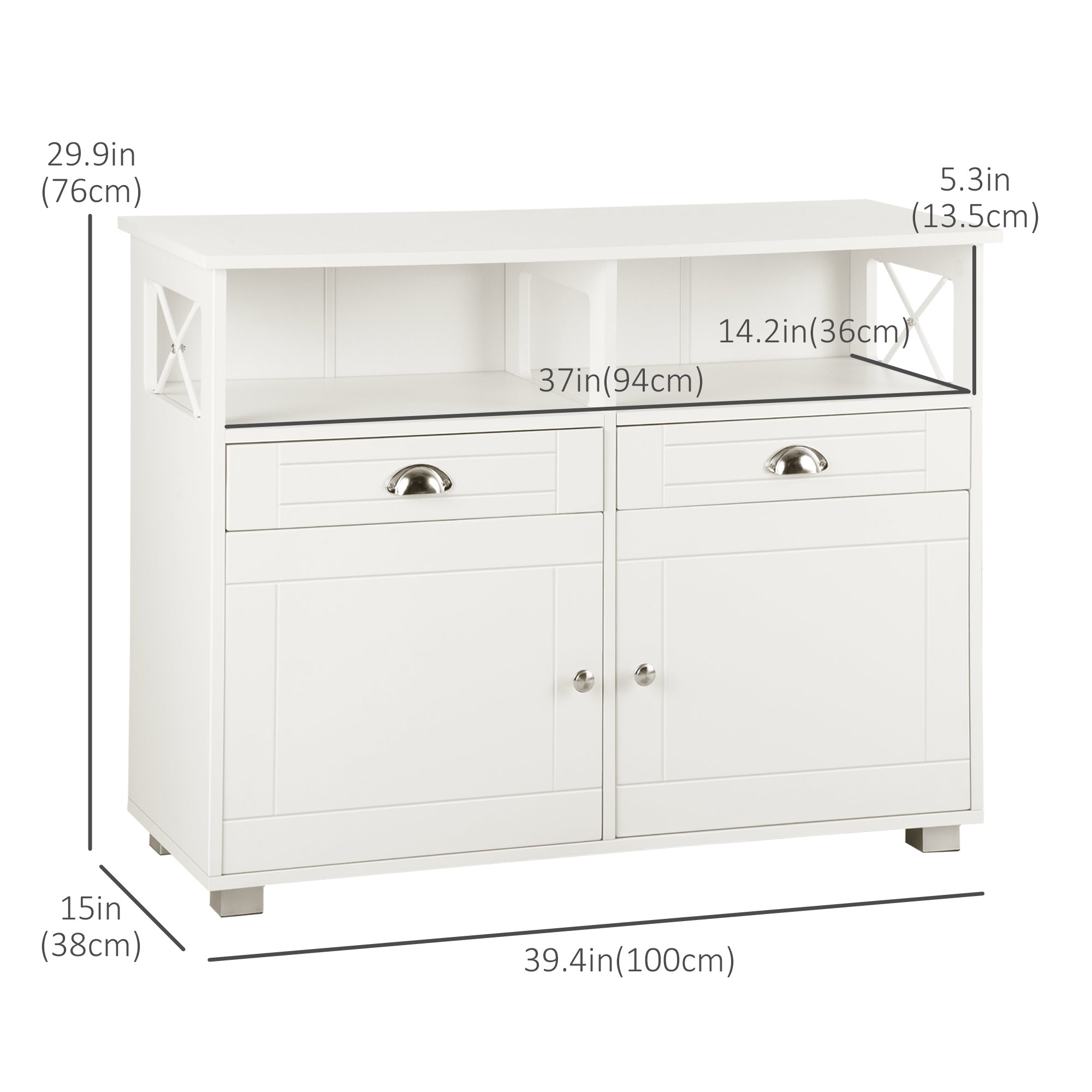 HOMCOM Sideboard Buffet Cabinet, Coffee Bar Cabinet, Kitchen Cabinet with Storage Drawers, Large Tabletop and Crossbar Side Design, White