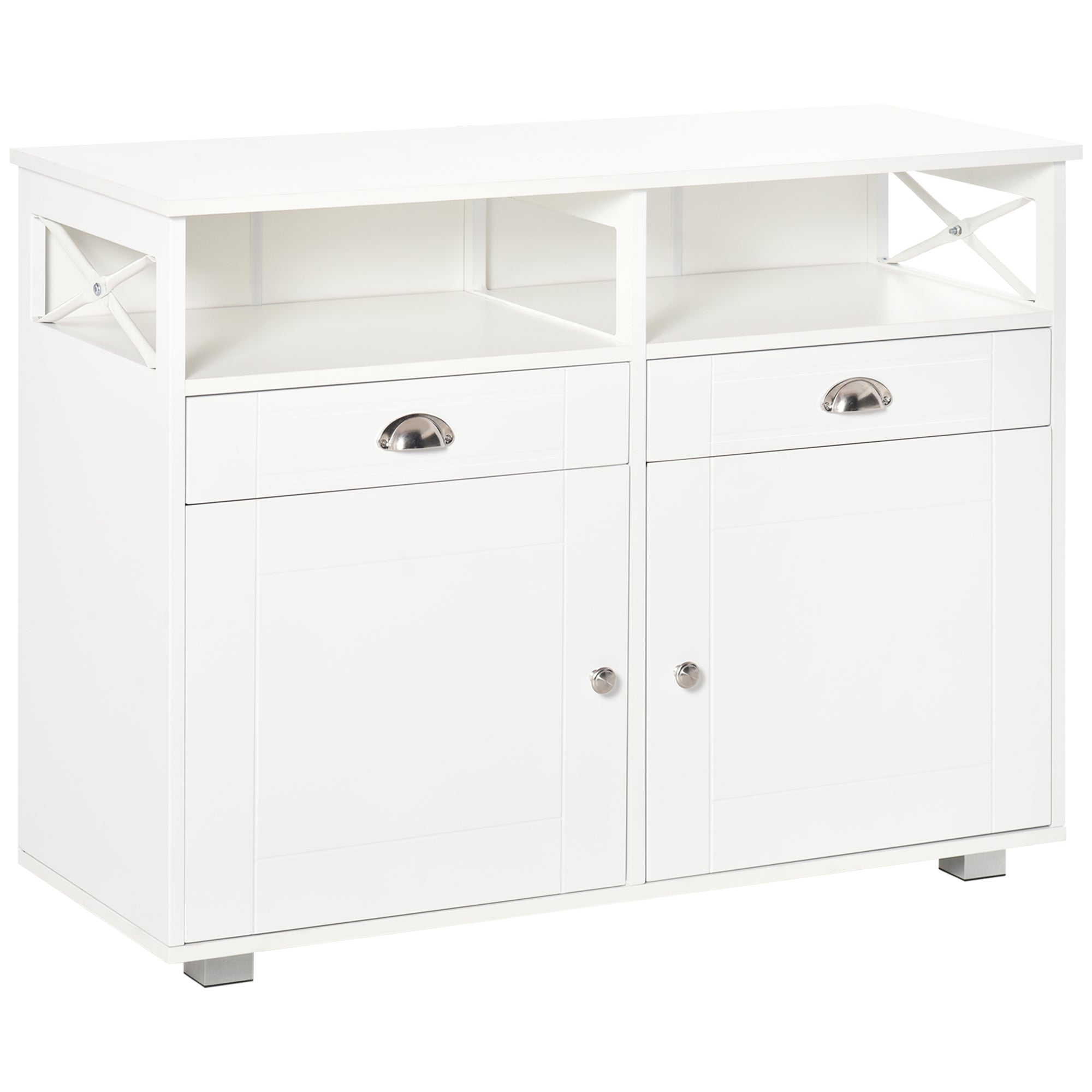 HOMCOM Sideboard Buffet Cabinet, Coffee Bar Cabinet, Kitchen Cabinet with Storage Drawers, Large Tabletop and Crossbar Side Design, White