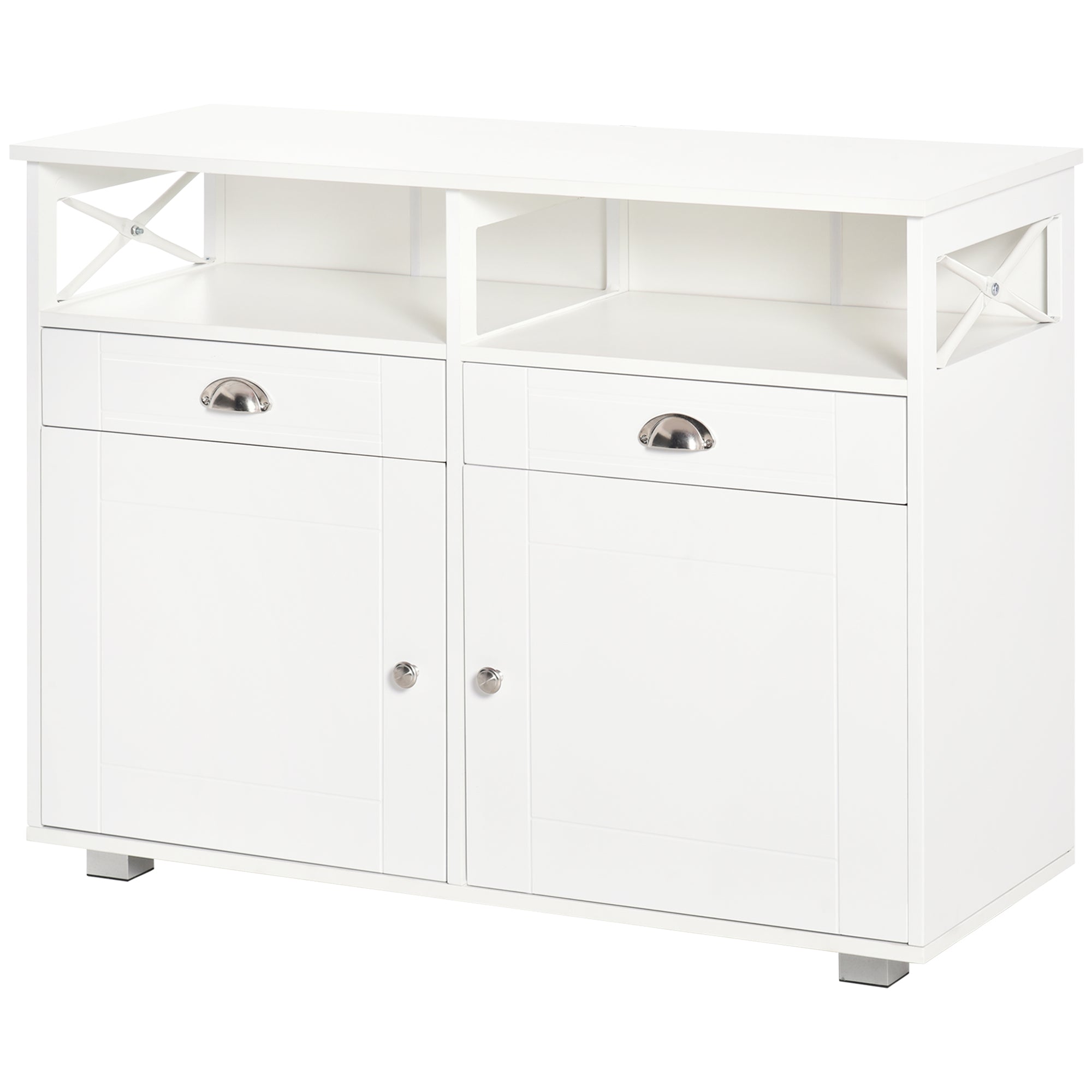 HOMCOM Sideboard Buffet Cabinet, Coffee Bar Cabinet, Kitchen Cabinet with Storage Drawers, Large Tabletop and Crossbar Side Design, White