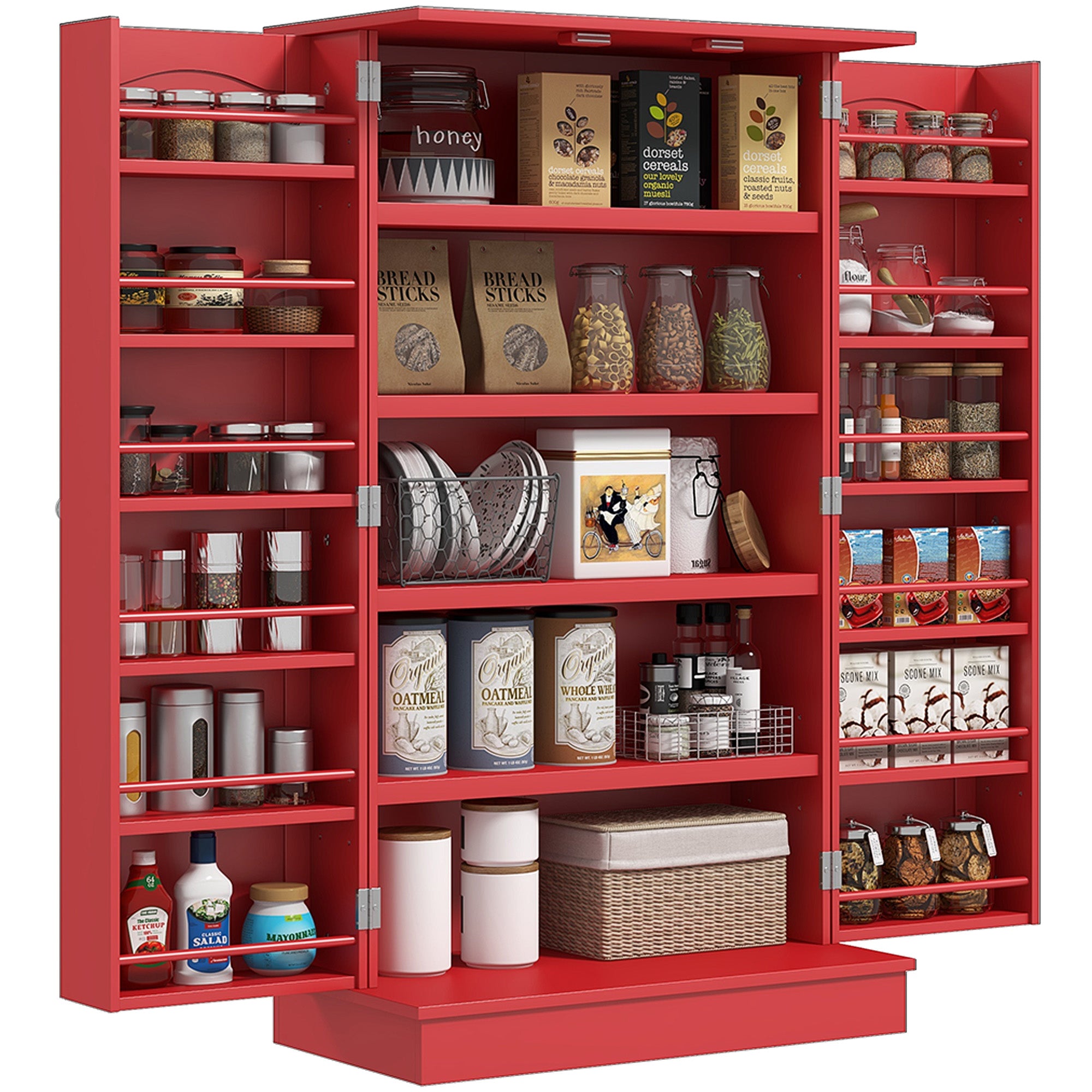 Freestanding Kitchen Pantry Cabinet, Kitchen Cabinet with 12 Door Shelves, Double Doors, 5-tier Shelving, Red