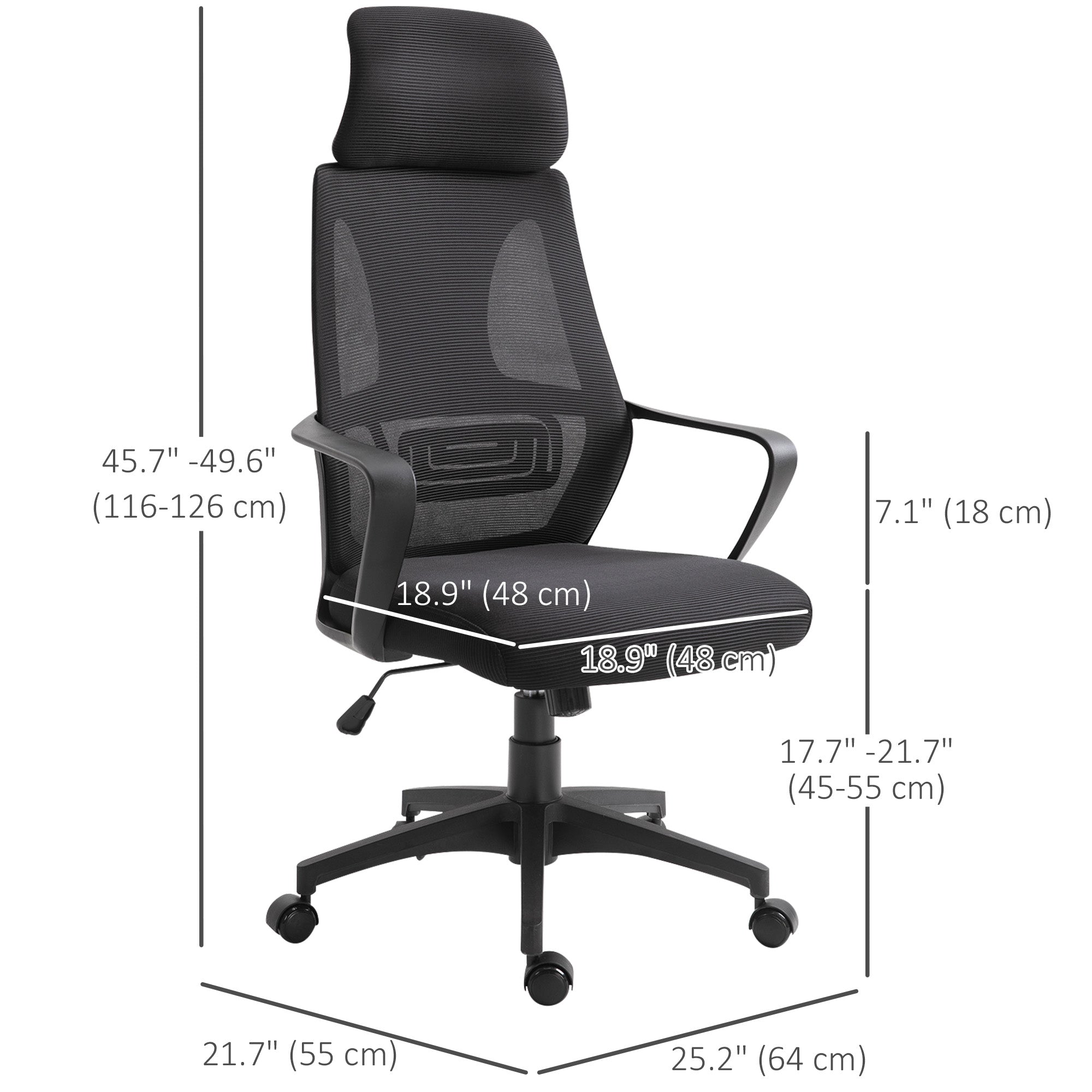 Vinsetto High Back Office Chair, Mesh Computer Desk Chair with Adjustable Headrest, Lumbar Back Support, Arm, Adjustable Height, Black