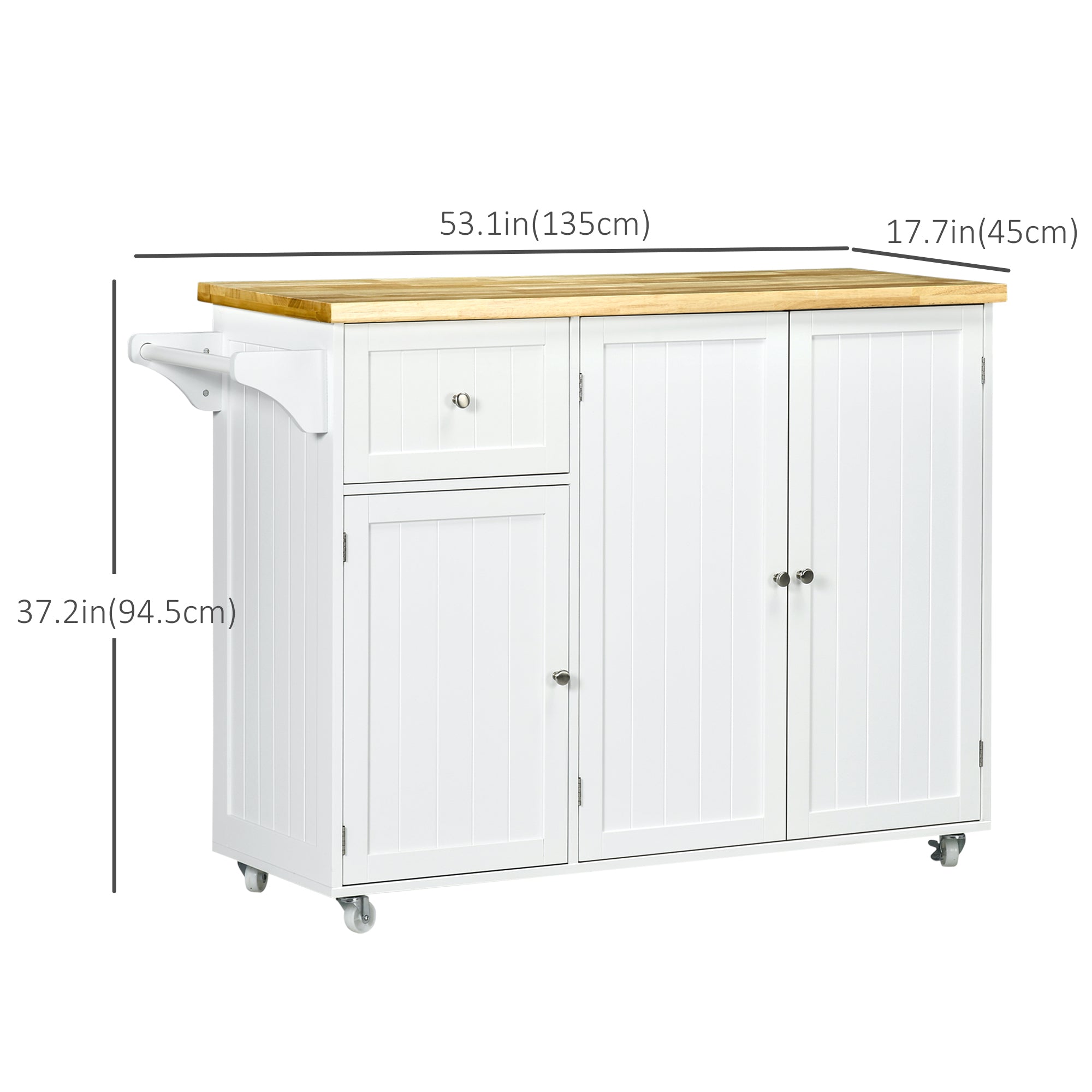 HOMCOM Rolling Kitchen Island on Wheels, Kitchen Island Cart with Rubber Wood Top, Towel Rack, Storage Cabinets and Drawer, White