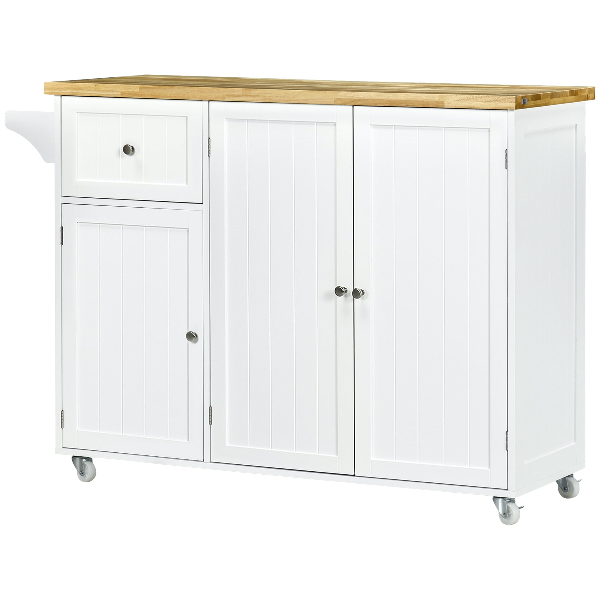 HOMCOM Rolling Kitchen Island on Wheels, Kitchen Island Cart with Rubber Wood Top, Towel Rack, Storage Cabinets and Drawer, White