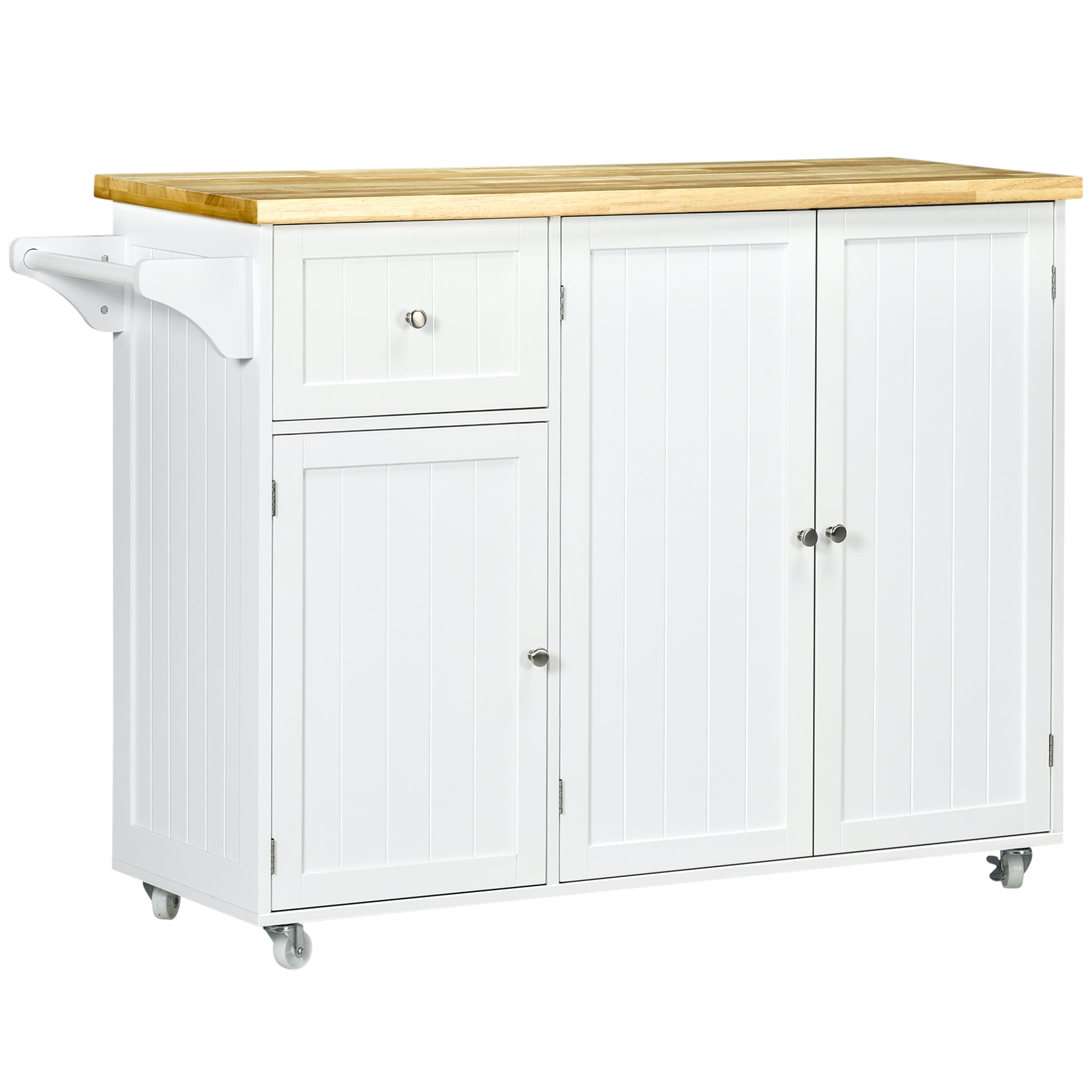 HOMCOM Rolling Kitchen Island on Wheels, Kitchen Island Cart with Rubber Wood Top, Towel Rack, Storage Cabinets and Drawer, White