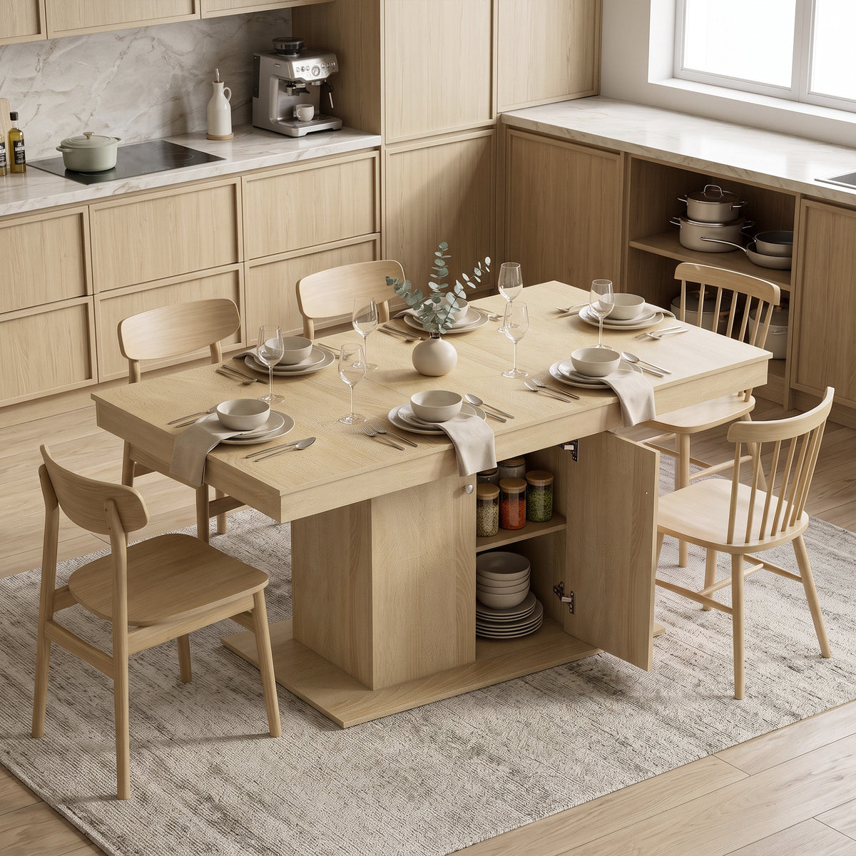 Extendable Dining Room Table for 6-8, 55"-71" Rectangle Kitchen Dining Table with Cabinet, Adjustable Shelf, Mid Century Modern Dinner Furniture, Living Room, Natural Wood