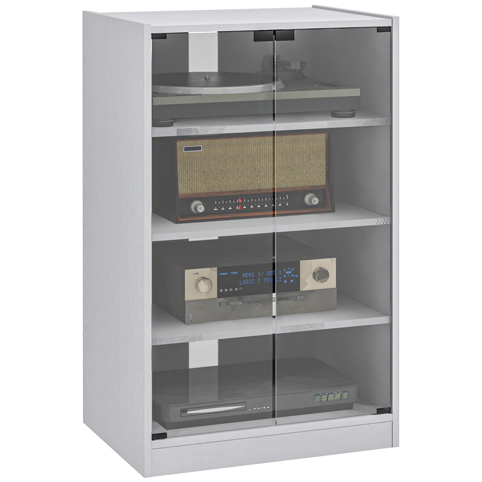 4-Tier Media Cabinet, Media Stand with Adjustable Shelves, Tempered Glass Doors, and Cable Management, Distressed White