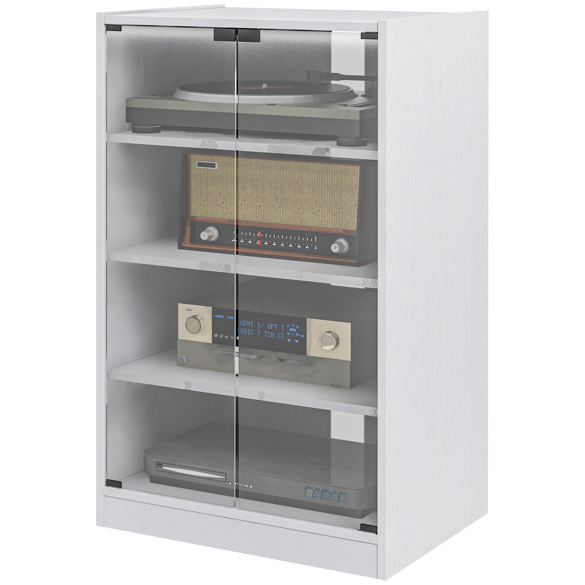 4-Tier Media Cabinet, Media Stand with Adjustable Shelves, Tempered Glass Doors, and Cable Management, Distressed White