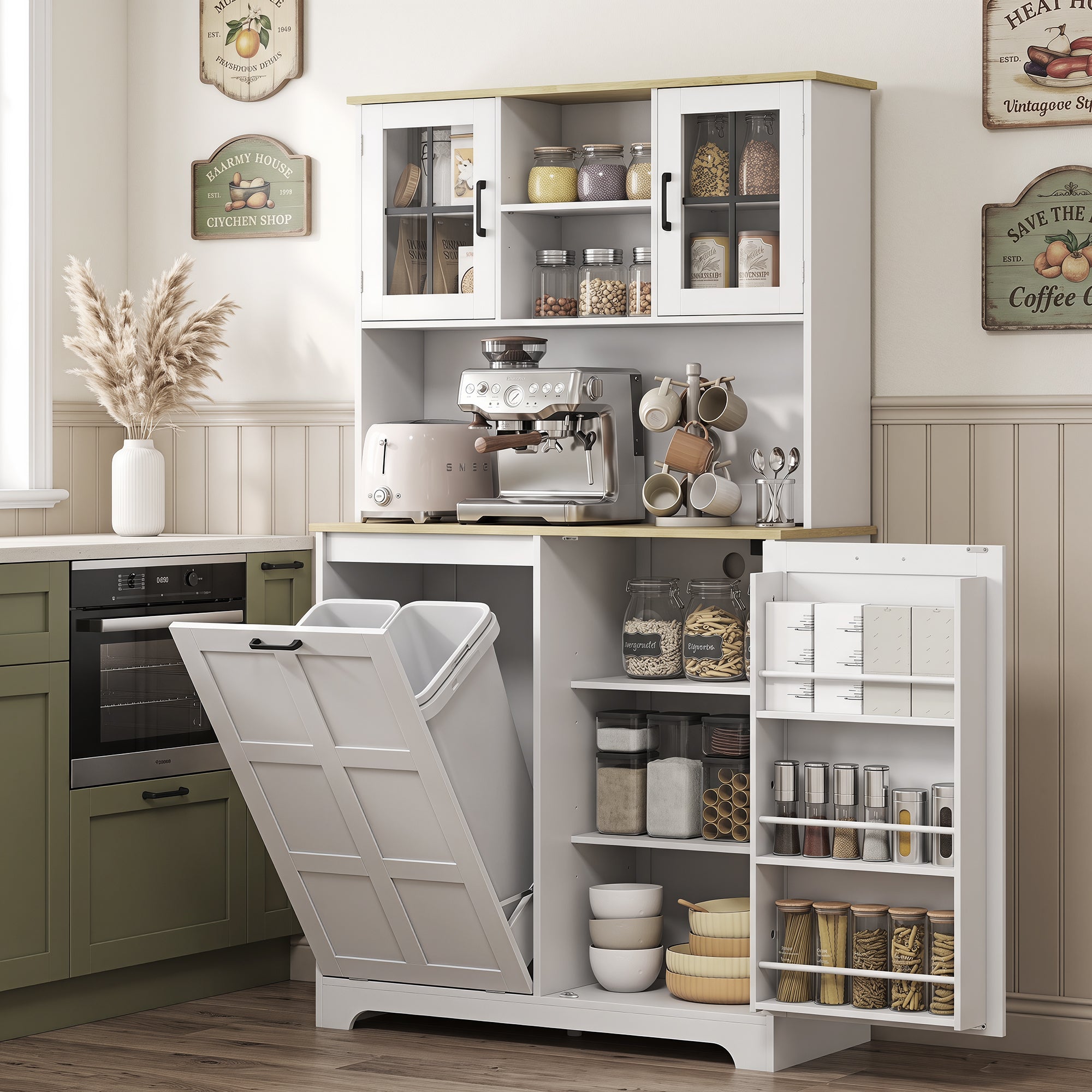 Kitchen Cupboard with Charging Station and 26.5 L Rubbish Bin Cabinet, 175cm Tall Kitchen Cabinet with 3 Door Shelves and 2 Acrylic Doors, Sideboard Storage Cabinet for Dining Room, White