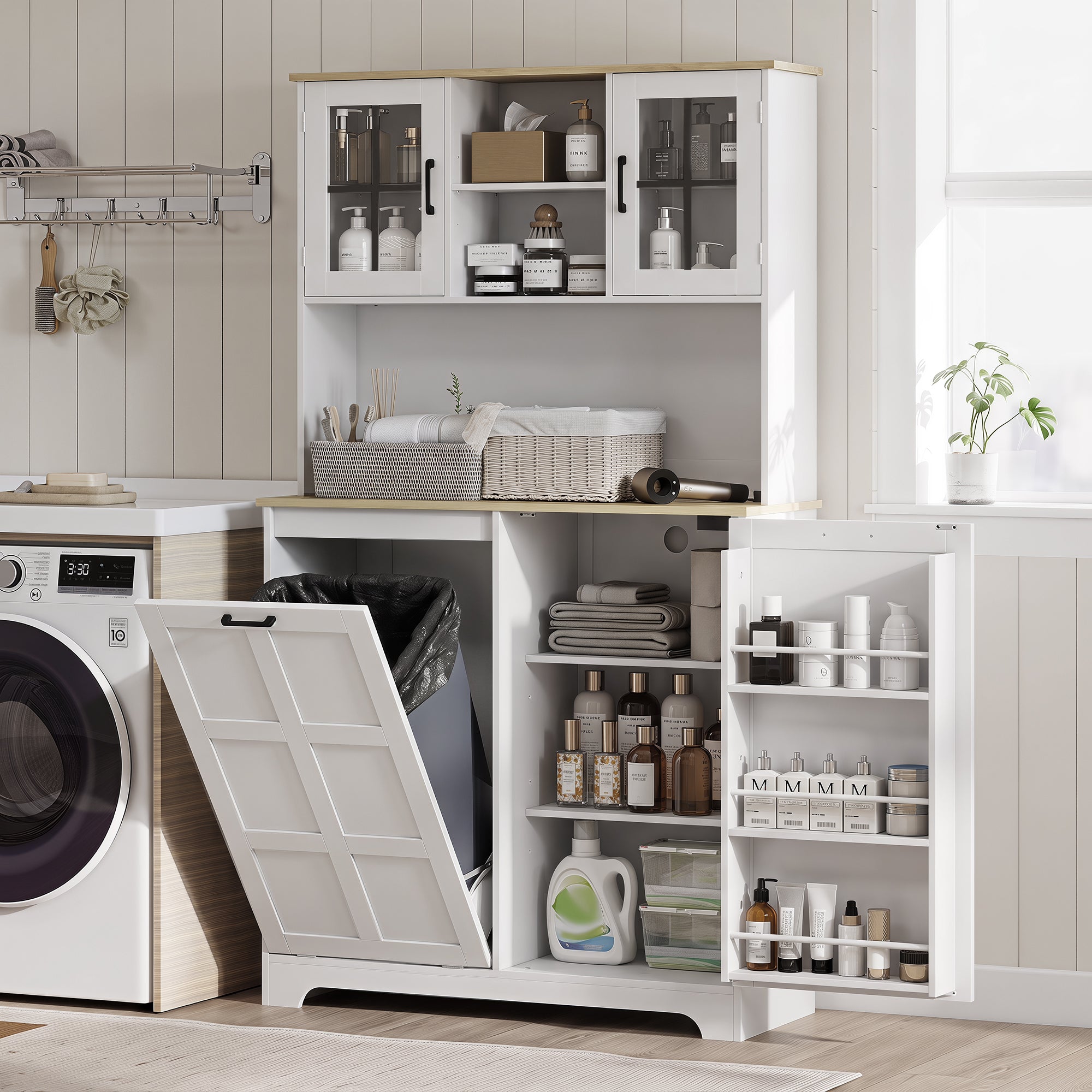 Kitchen Cupboard with Charging Station and 26.5 L Rubbish Bin Cabinet, 175cm Tall Kitchen Cabinet with 3 Door Shelves and 2 Acrylic Doors, Sideboard Storage Cabinet for Dining Room, White