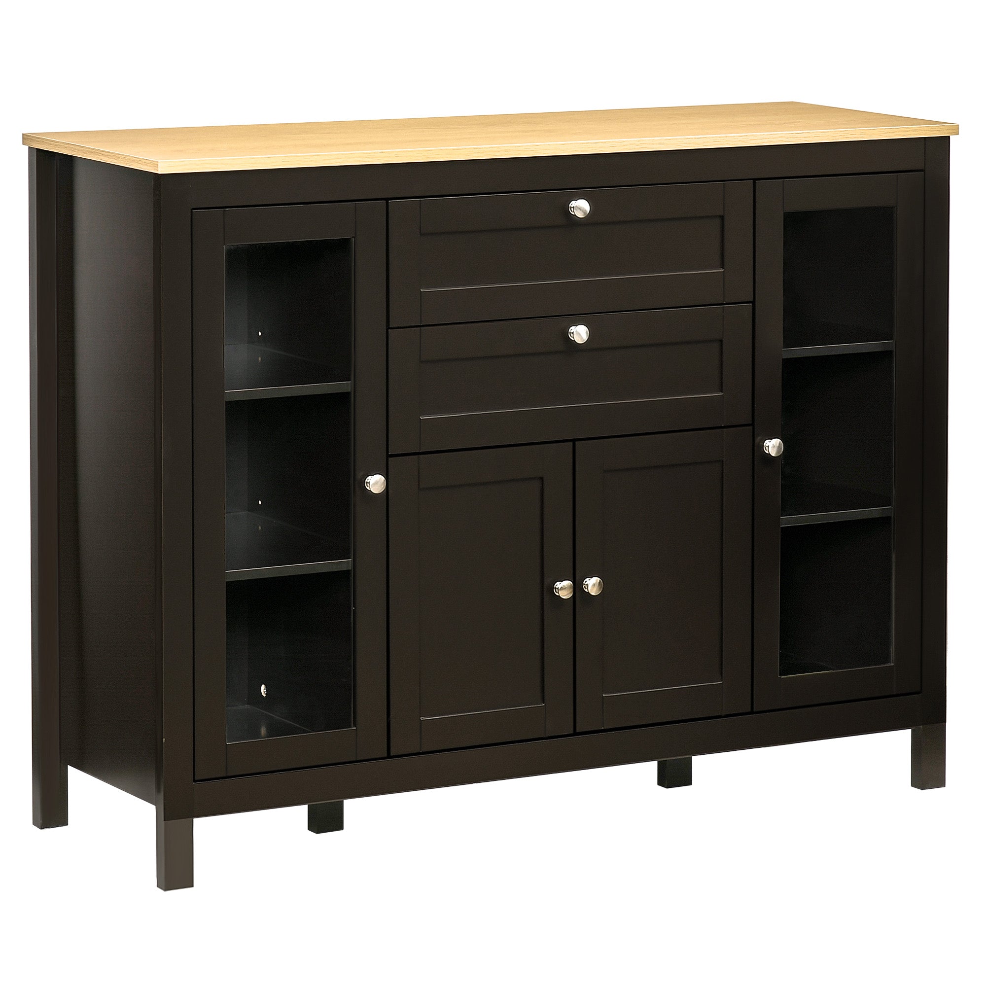 47" Sideboard Buffet Cabinet with Rubber Wood Top Glass Door Coffee Bar Cabinet Kitchen Brown