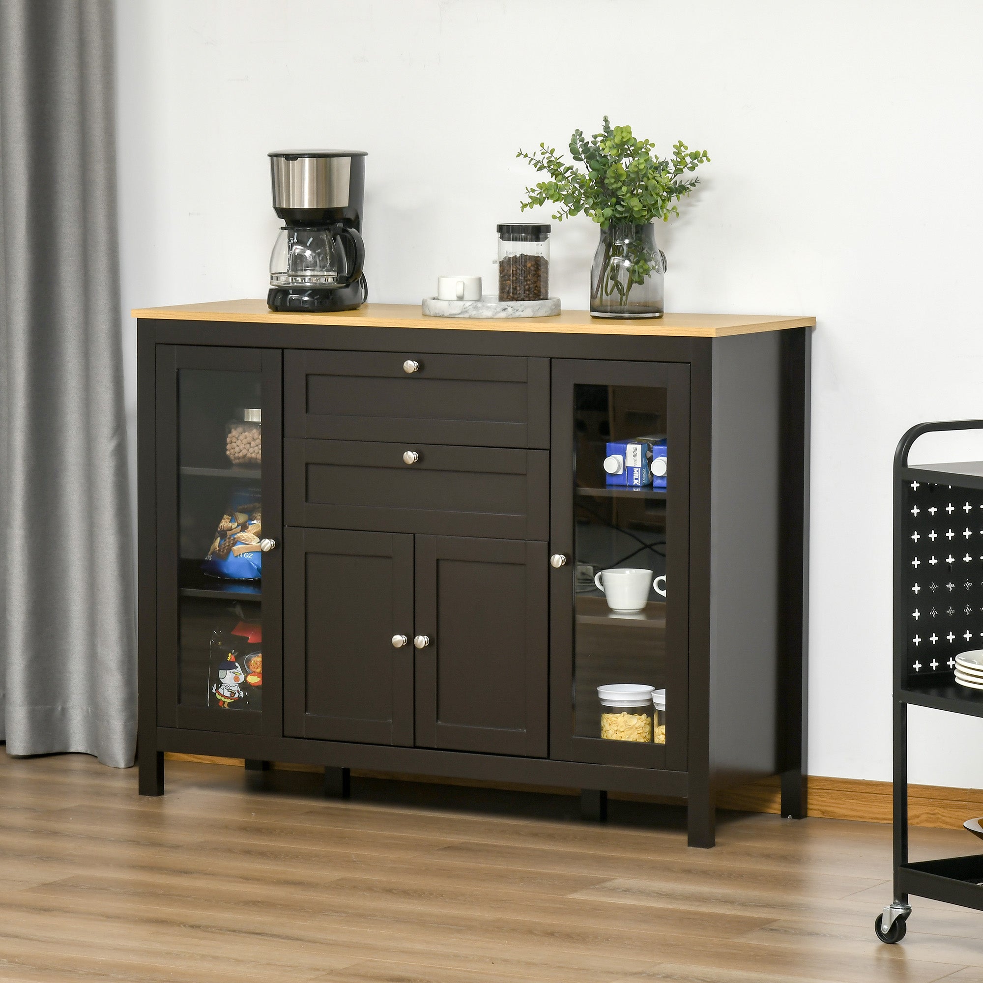 47" Sideboard Buffet Cabinet with Rubber Wood Top Glass Door Coffee Bar Cabinet Kitchen Brown