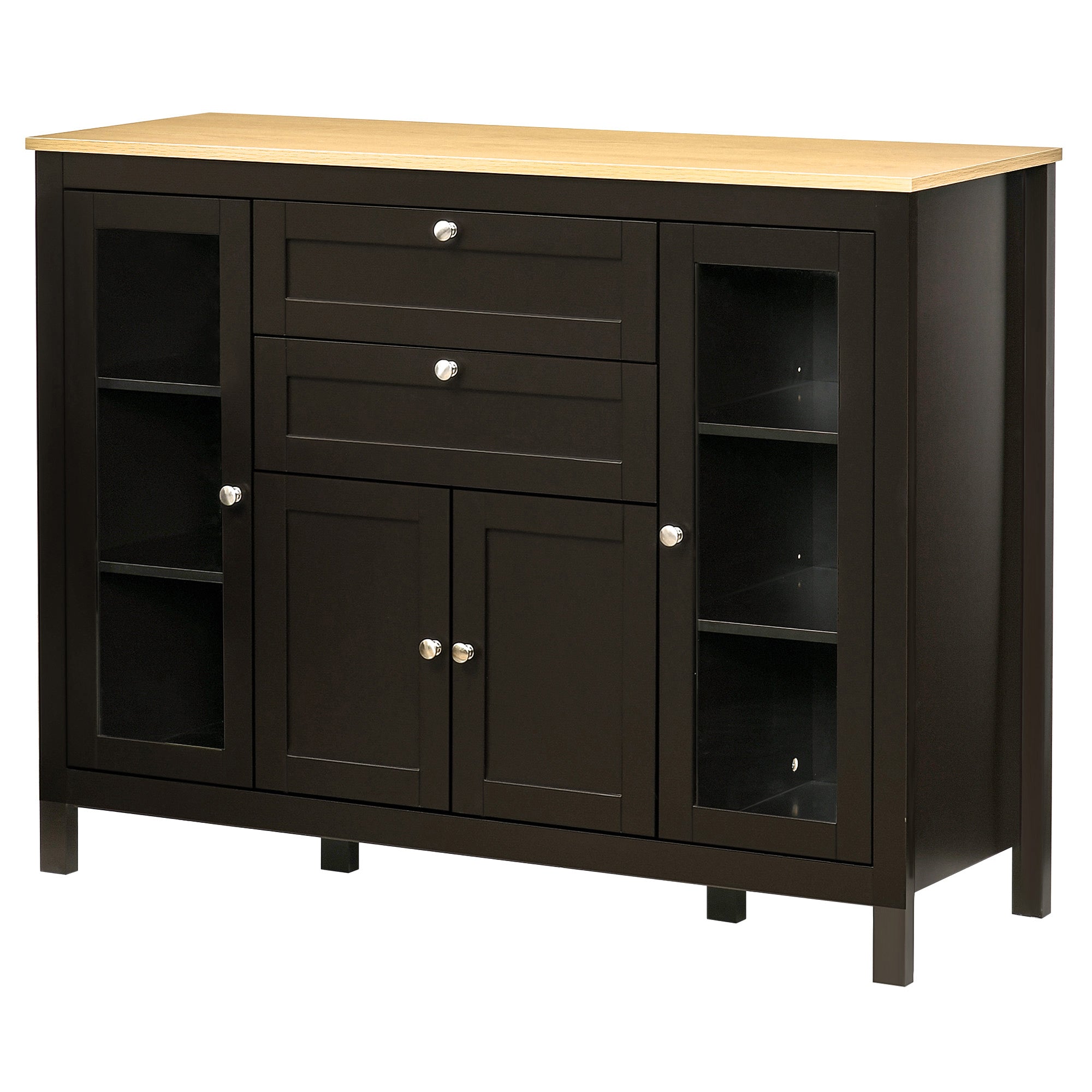 47" Sideboard Buffet Cabinet with Rubber Wood Top Glass Door Coffee Bar Cabinet Kitchen Brown