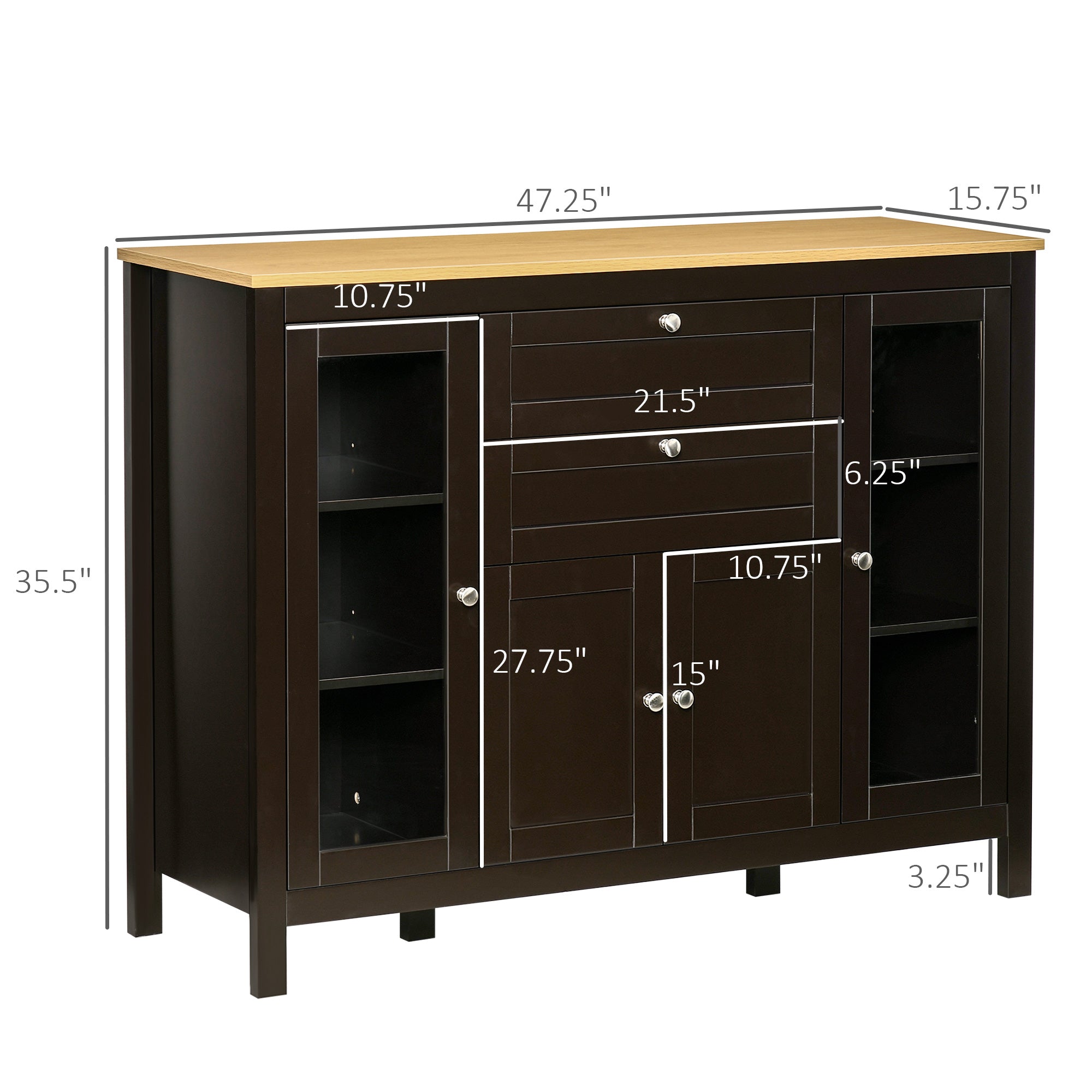 47" Sideboard Buffet Cabinet with Rubber Wood Top Glass Door Coffee Bar Cabinet Kitchen Brown