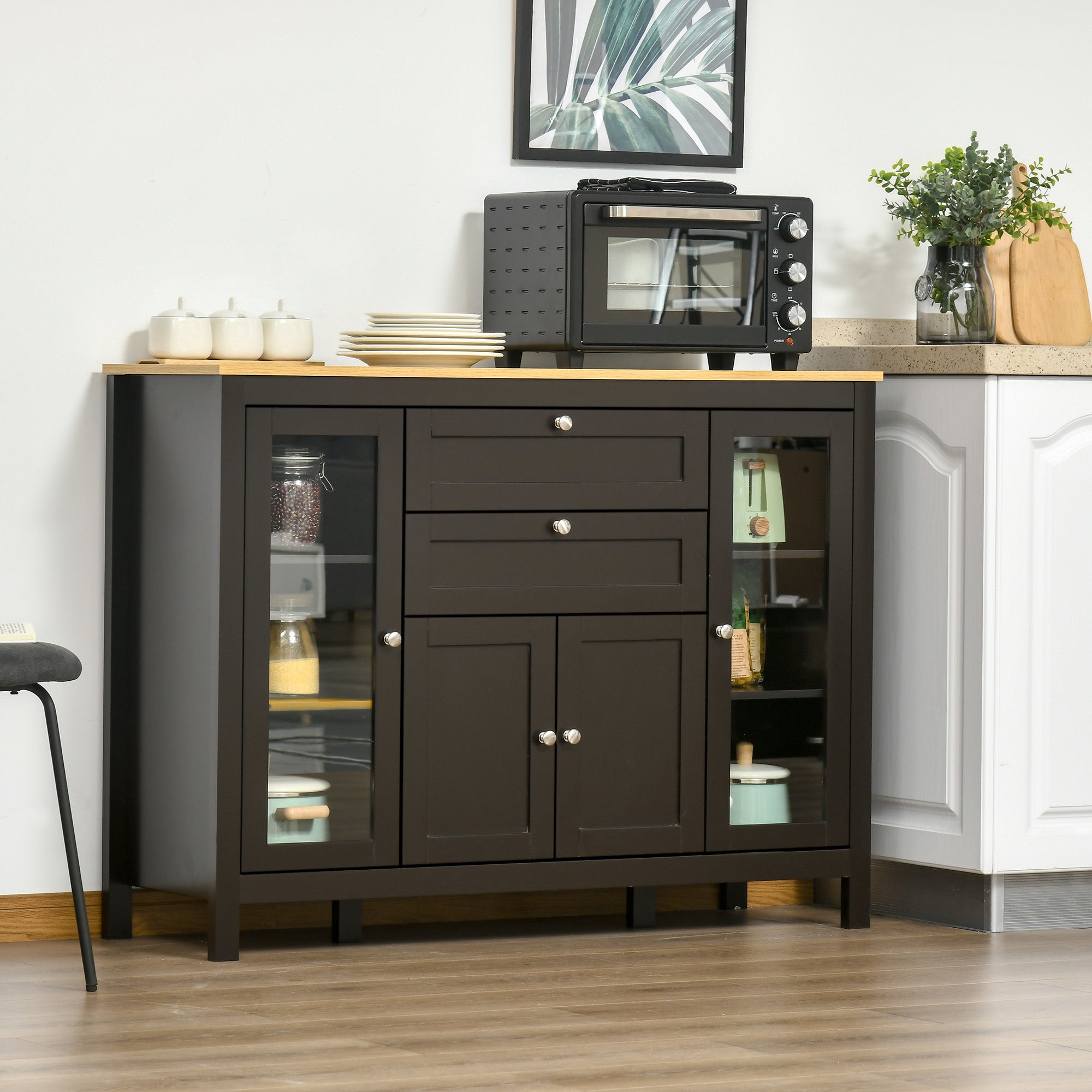 47" Sideboard Buffet Cabinet with Rubber Wood Top Glass Door Coffee Bar Cabinet Kitchen Brown