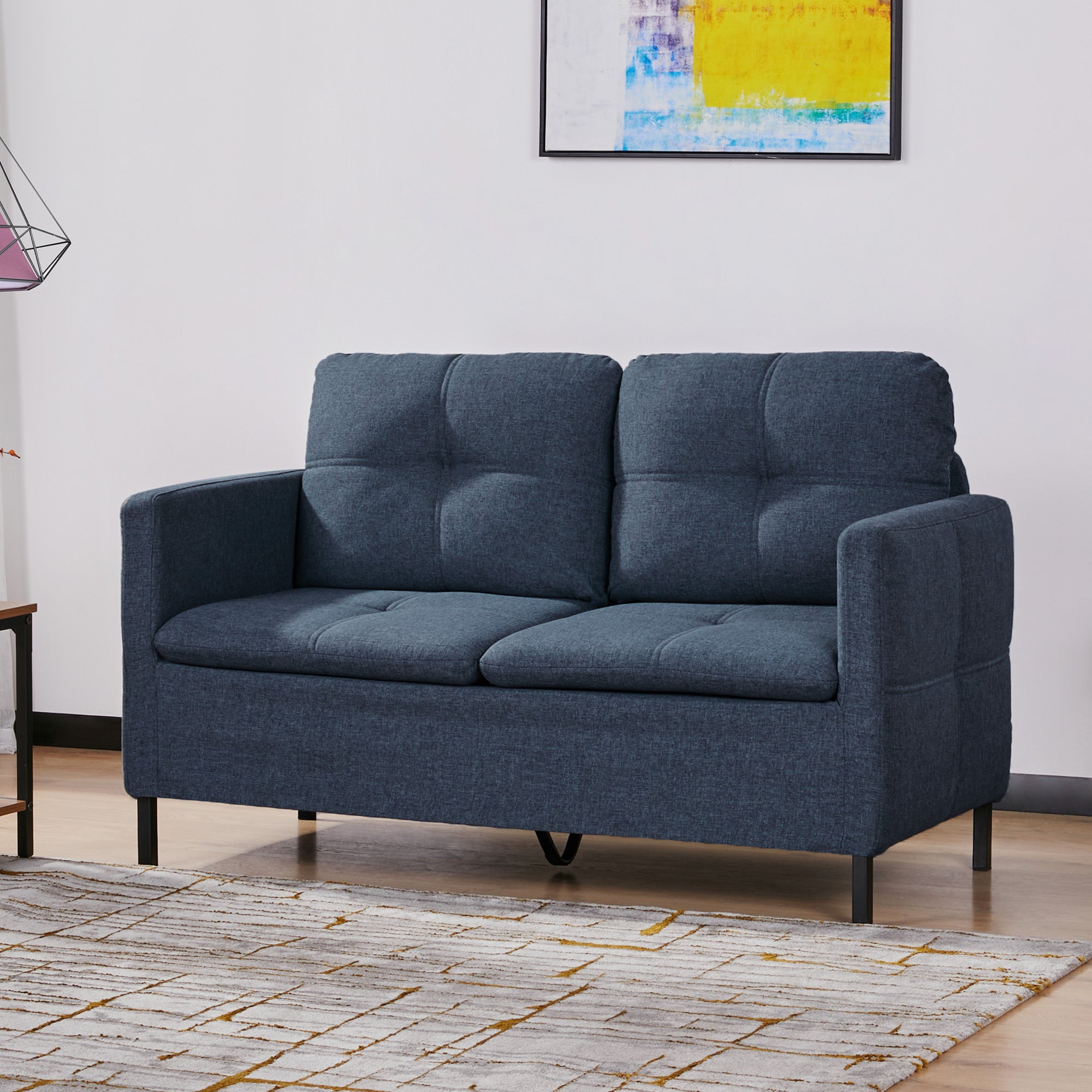 HOMCOM 53" Loveseat Sofa for Bedroom, Modern Love Seats Furniture, Upholstered 2 Seater Couch with Steel Legs, Dark Blue