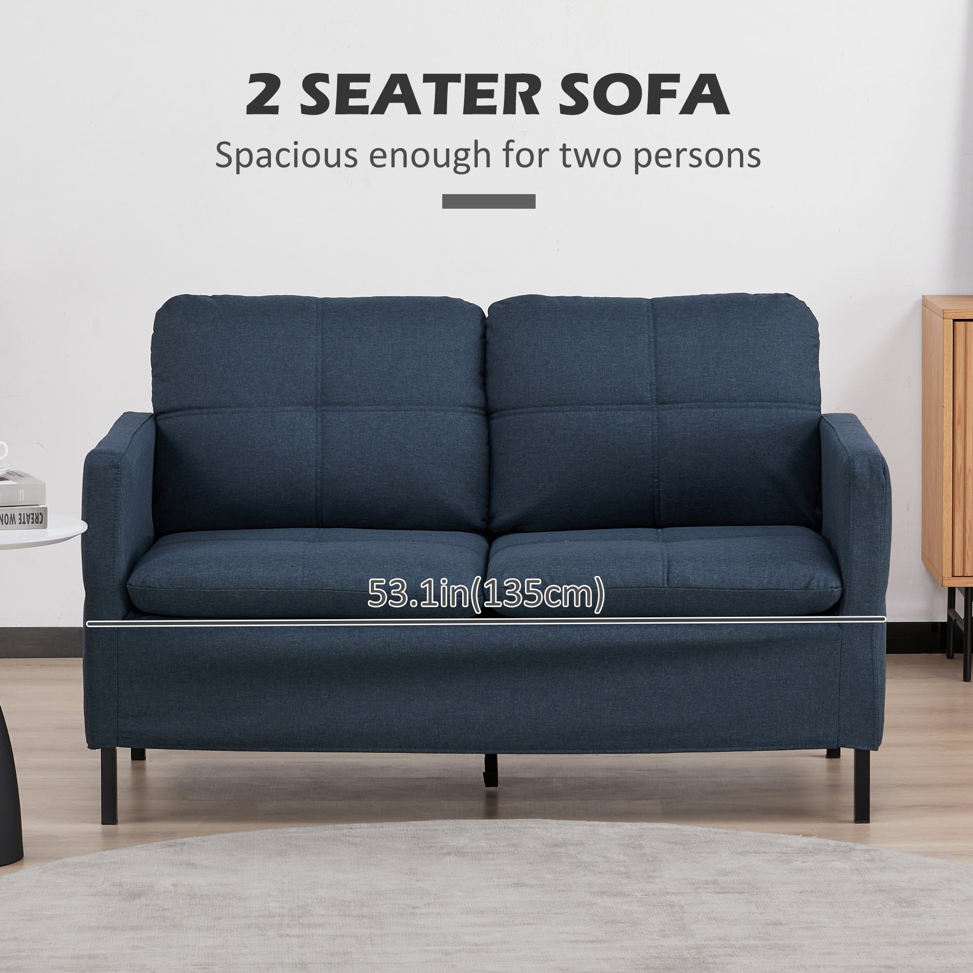 HOMCOM 53" Loveseat Sofa for Bedroom, Modern Love Seats Furniture, Upholstered 2 Seater Couch with Steel Legs, Dark Blue