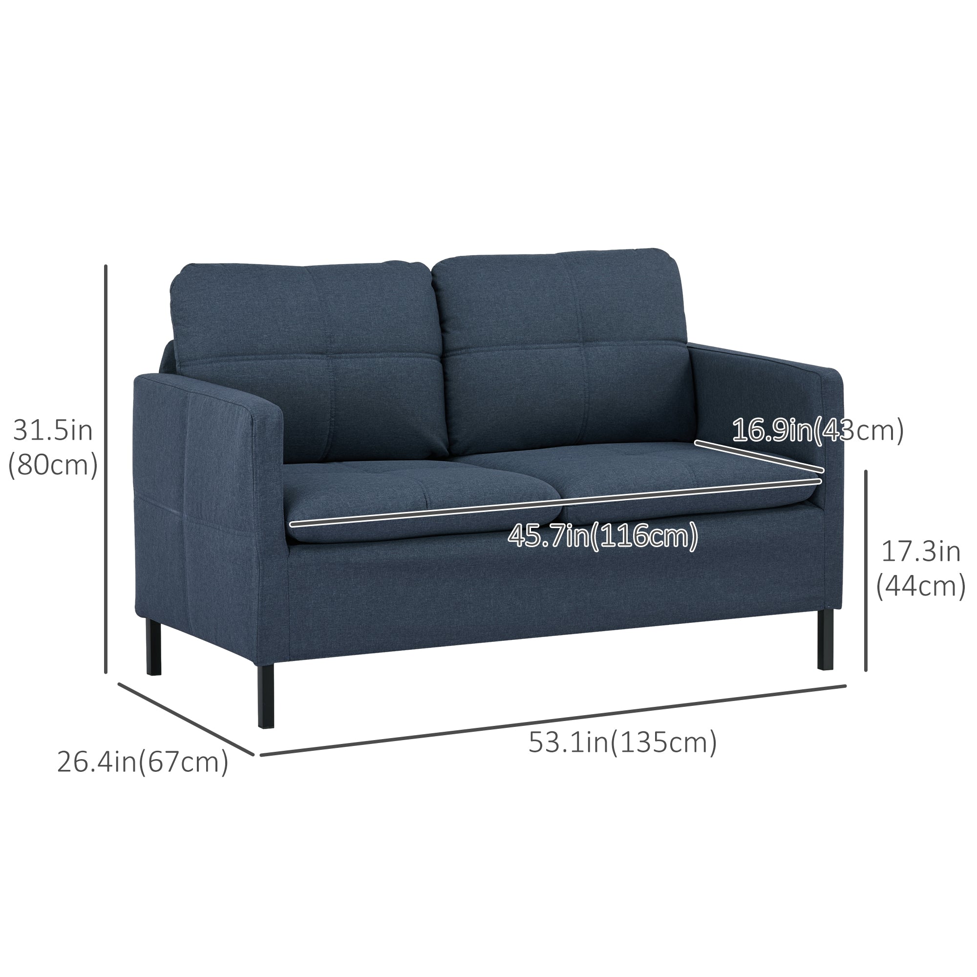 HOMCOM 53" Loveseat Sofa for Bedroom, Modern Love Seats Furniture, Upholstered 2 Seater Couch with Steel Legs, Dark Blue