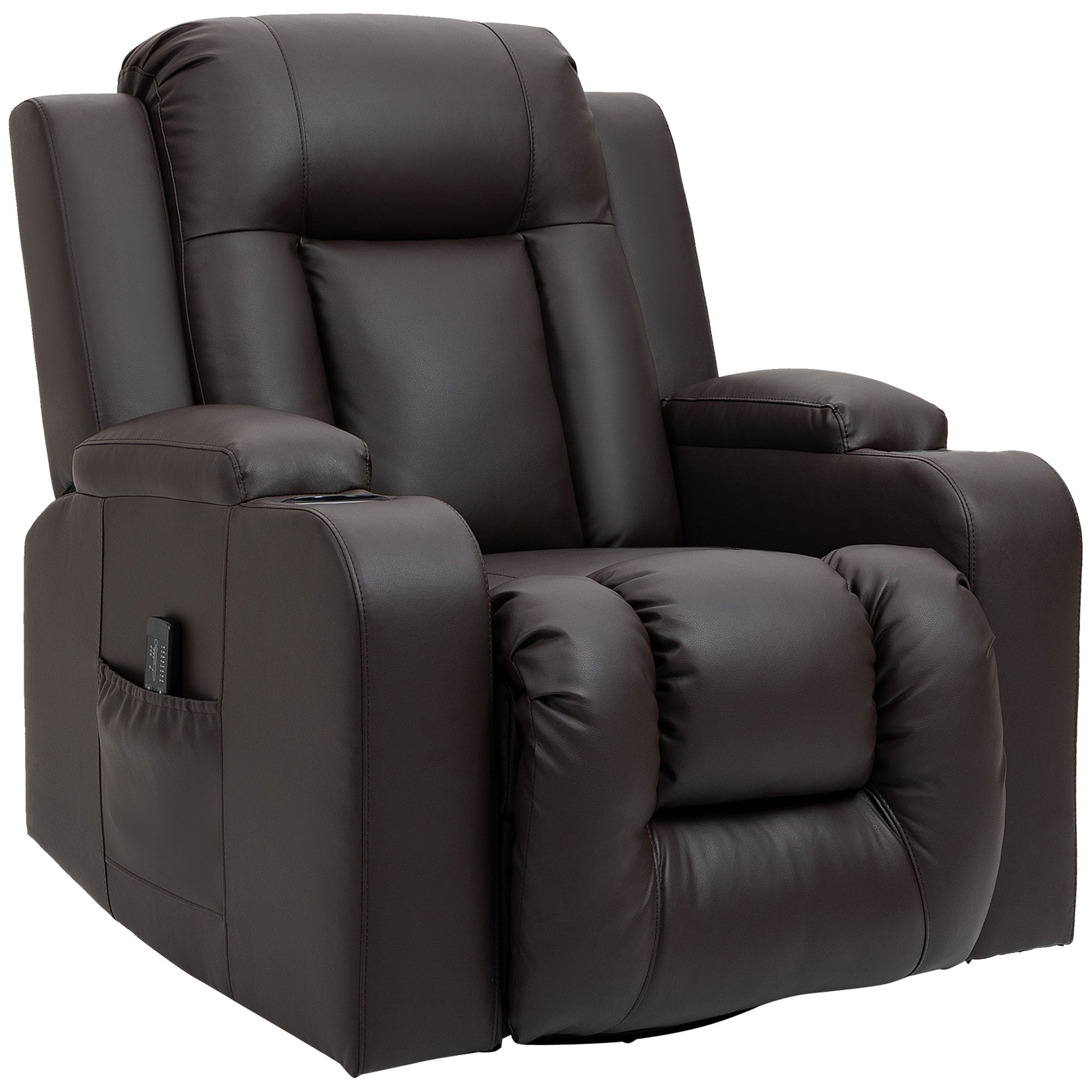 HOMCOM Massage Recliner Chair for Living Room with 8 Vibration, Overstuffed PU Leather Manual Reclining Chair with Wide Seat, Cup Holders, 360° Swivel, Rocking, Brown