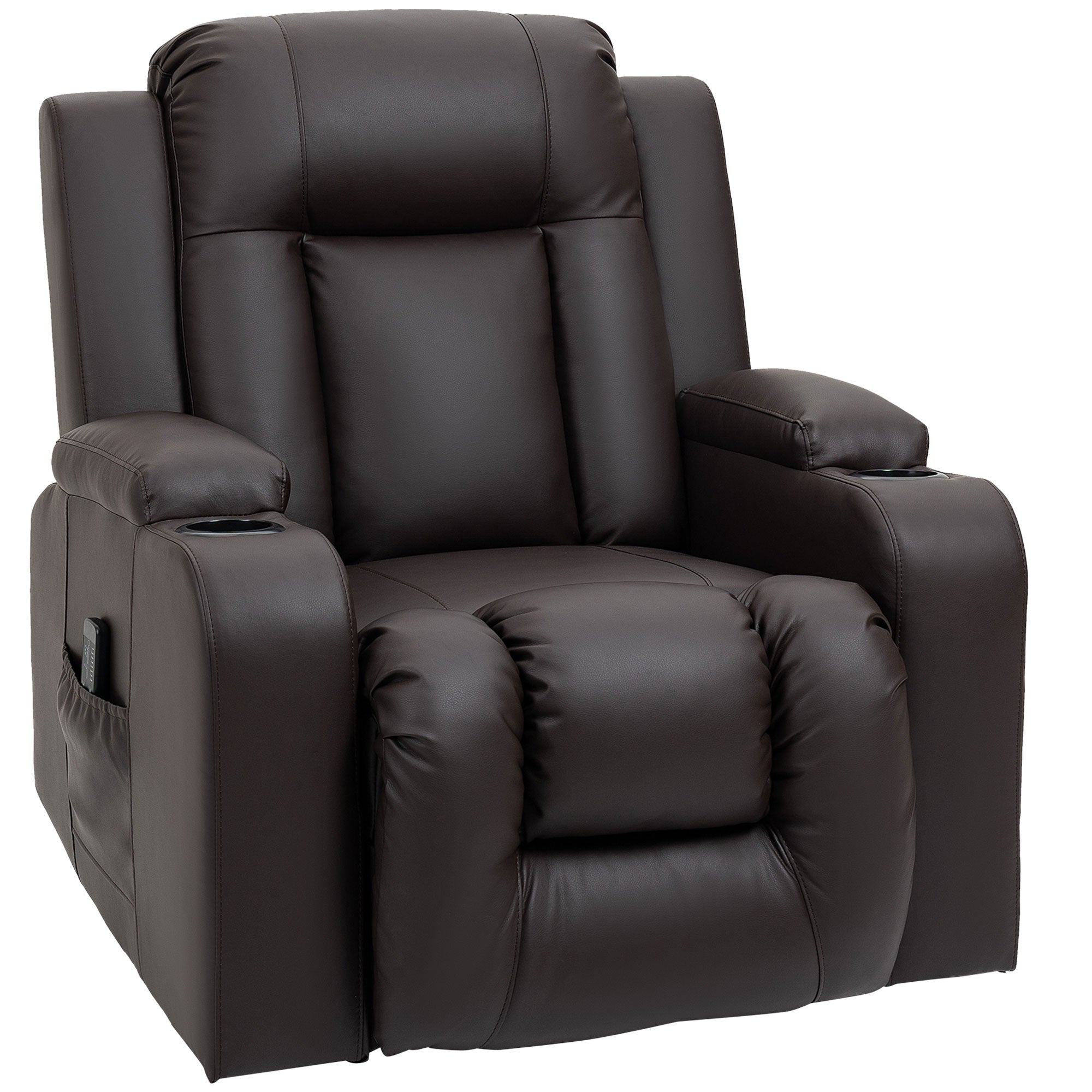 HOMCOM Massage Recliner Chair for Living Room with 8 Vibration, Overstuffed PU Leather Manual Reclining Chair with Wide Seat, Cup Holders, 360° Swivel, Rocking, Brown