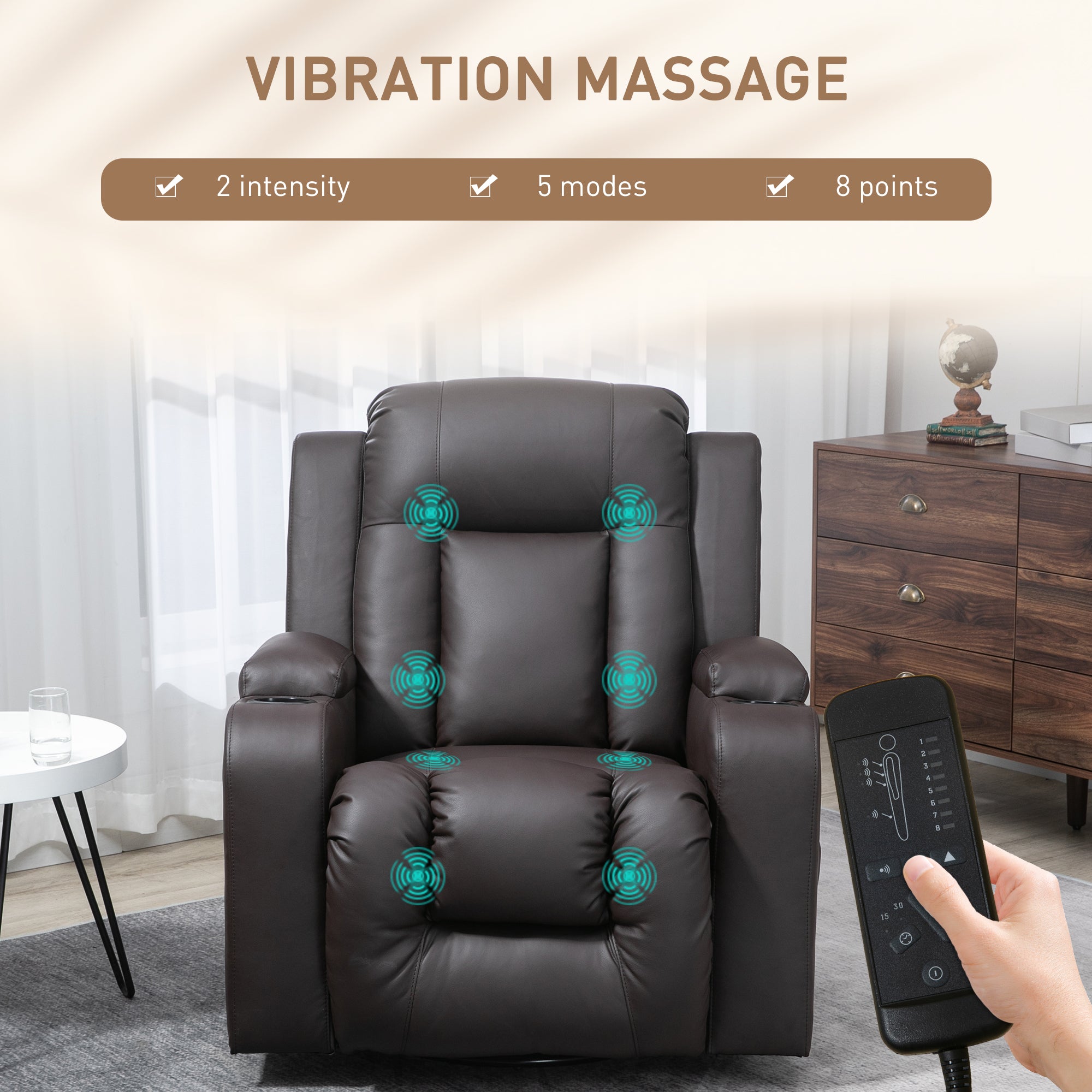 HOMCOM Massage Recliner Chair for Living Room with 8 Vibration, Overstuffed PU Leather Manual Reclining Chair with Wide Seat, Cup Holders, 360° Swivel, Rocking, Brown