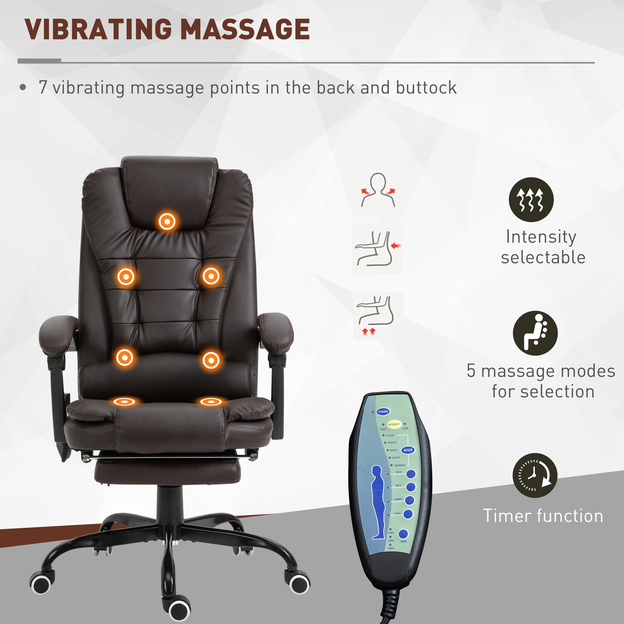 Vinsetto 7-Point Vibration Massage Office Chair, Faux Leather Executive Office Chair with Footrest, Reclining Back, Adjustable Height, Brown