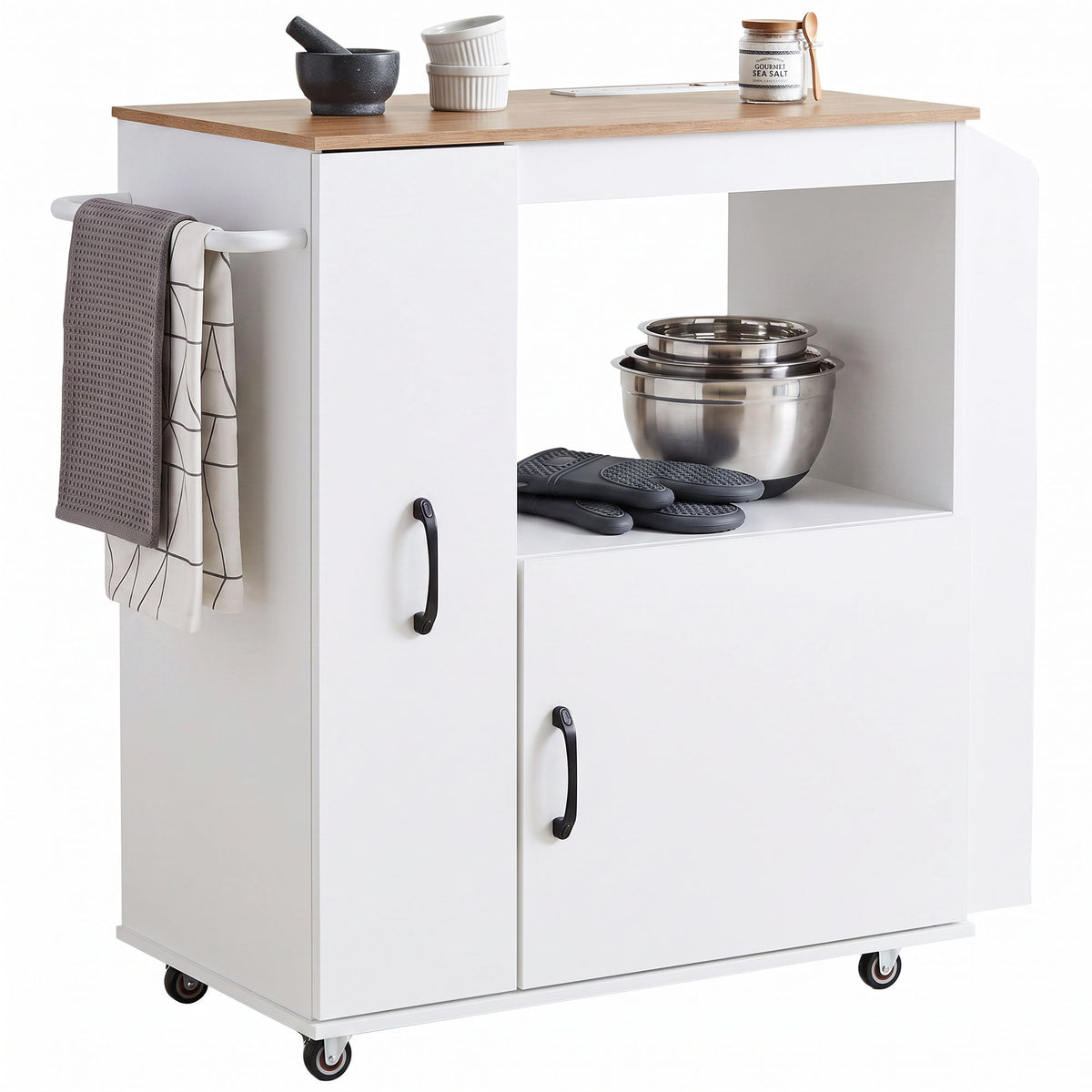 Kitchen Trolley on Wheels, Rolling Kitchen Island Cart with Power Outlet, Cabinet, Pull-Out Drawer and Towel & Spice Rack, Mobile Serving Trolley Cart for Dining Room, Bathroom, White
