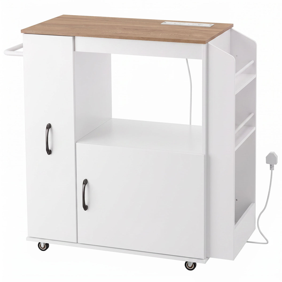 Kitchen Trolley on Wheels, Rolling Kitchen Island Cart with Power Outlet, Cabinet, Pull-Out Drawer and Towel & Spice Rack, Mobile Serving Trolley Cart for Dining Room, Bathroom, White