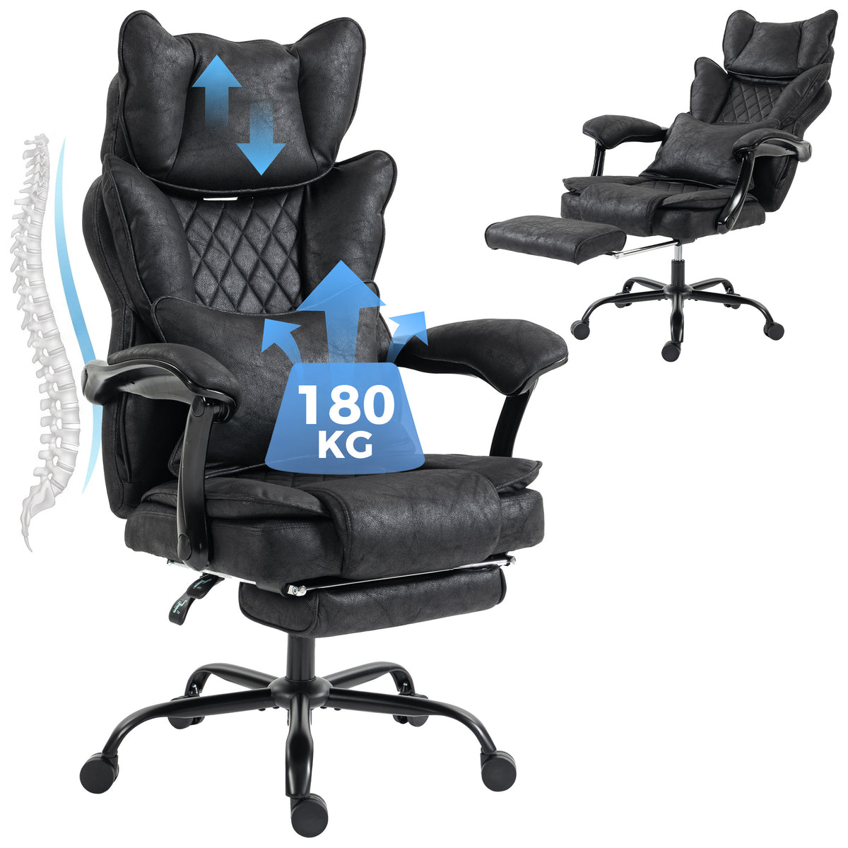Executive Office Chair, 180kg Big and Tall Leathaire Desk Chair with Adjustable Headrest, Lumbar Support, Wide Seat, Reclining Back, Footrest, Swivel Wheels, Black