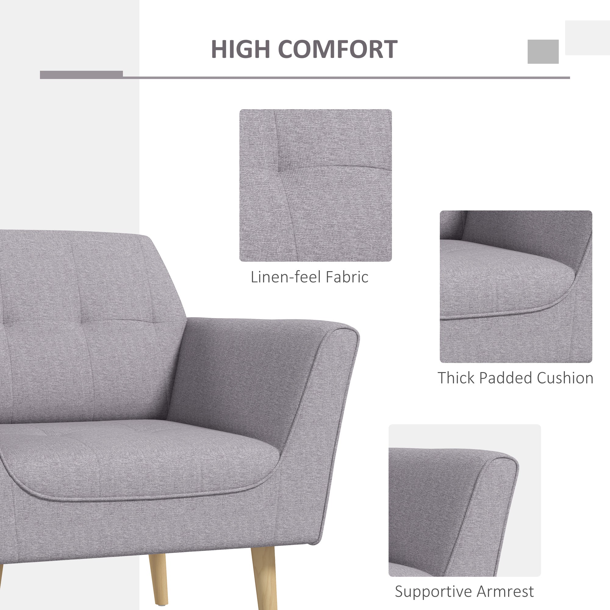 HOMCOM Modern Accent Chair, Upholstered Tufted Armchair with Rubber Wood Legs, Fabric Club Chair for Living Room and Bedroom, Grey