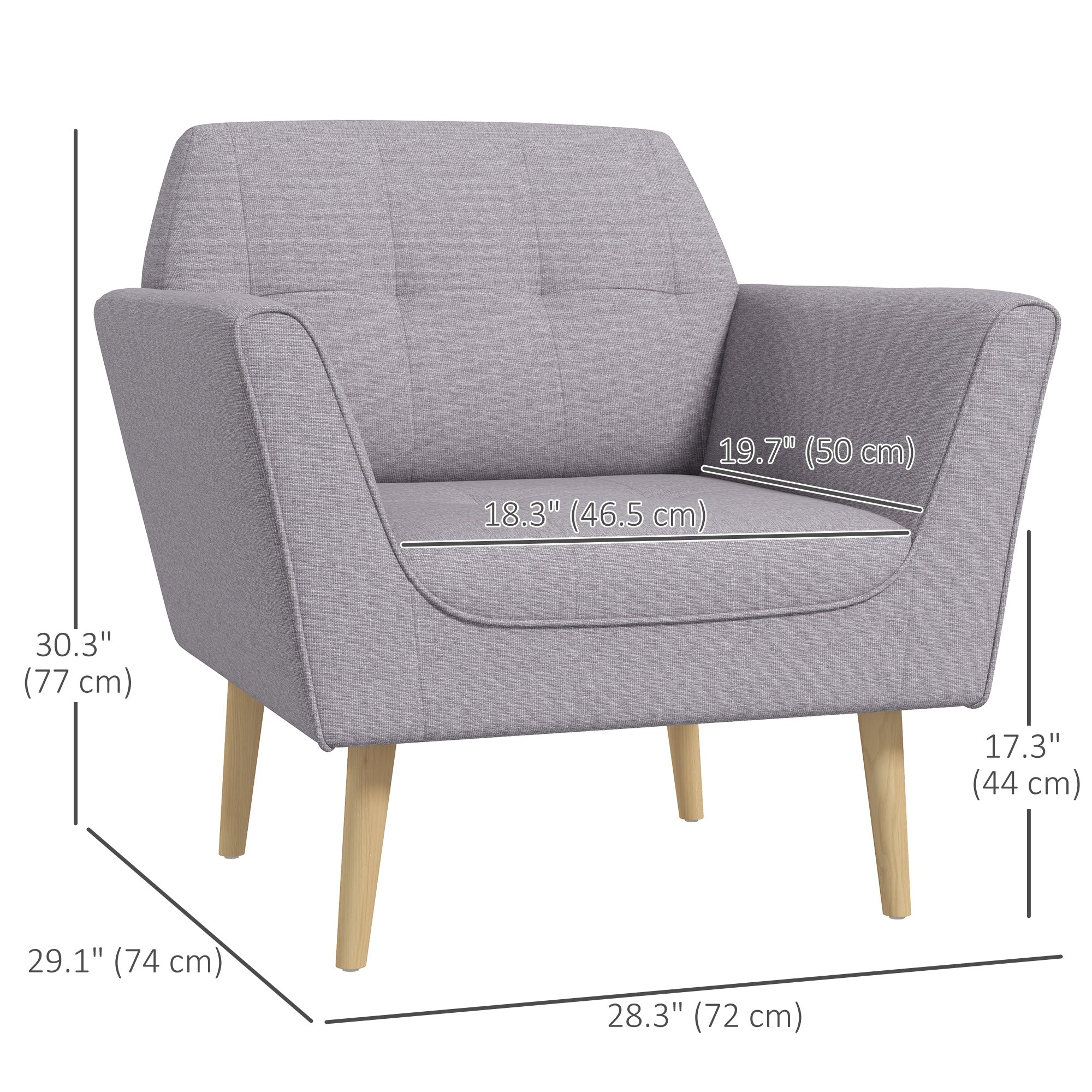 HOMCOM Modern Accent Chair, Upholstered Tufted Armchair with Rubber Wood Legs, Fabric Club Chair for Living Room and Bedroom, Grey