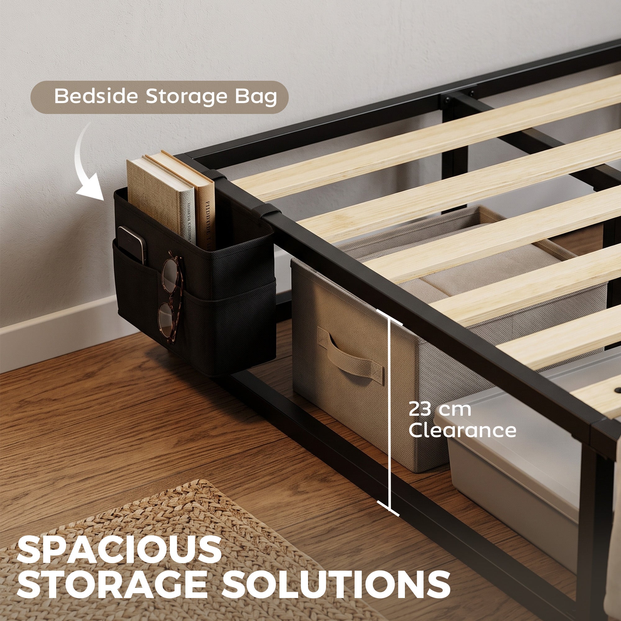 3ft Single Bed Frame with Storage Bag, 12 Slats Metal Platform Bed Frame, Mattress Foundation, Noise-Reducing centre Bar and Anti-Slip Pads, Wood Slat Support, Strong Support, Black