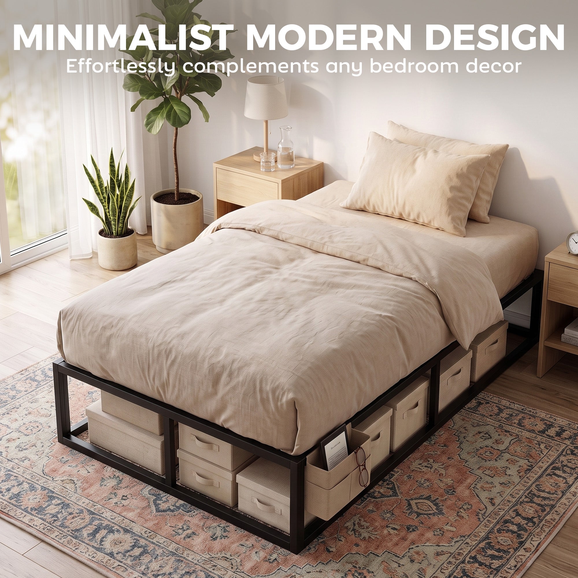 3ft Single Bed Frame with Storage Bag, 12 Slats Metal Platform Bed Frame, Mattress Foundation, Noise-Reducing centre Bar and Anti-Slip Pads, Wood Slat Support, Strong Support, Black
