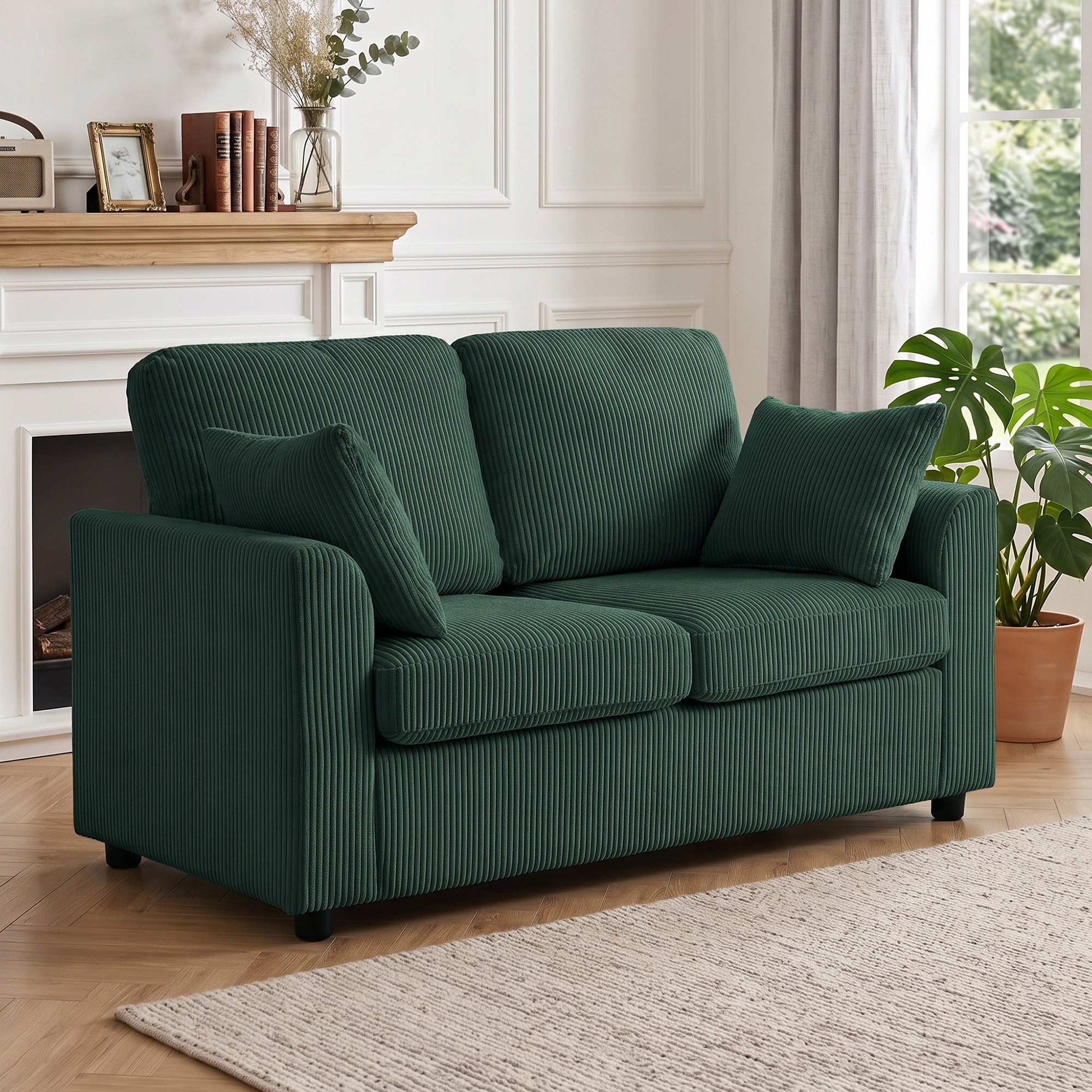 2 Seater Sofa, 144cm Corduroy Small Couch with Spring Cushion, Wide and Deep Seat, Plush Backrest, 2 Pillows, Loveseat Sofa Settee for Small Space, Living Room, Bedroom, Home Office, Dark Green