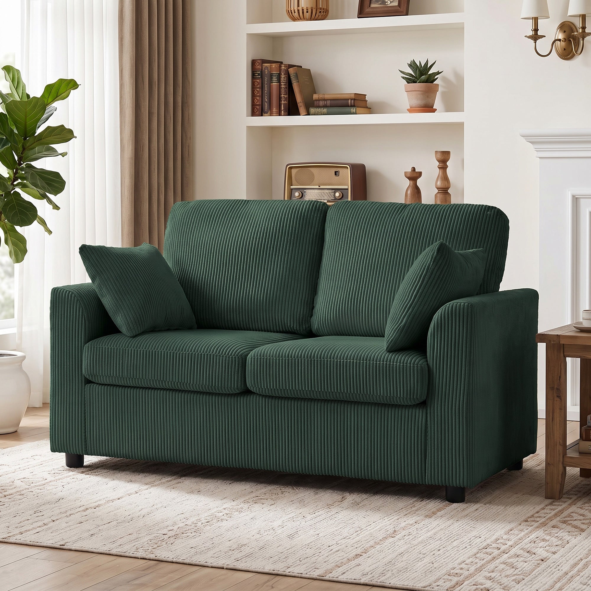2 Seater Sofa, 144cm Corduroy Small Couch with Spring Cushion, Wide and Deep Seat, Plush Backrest, 2 Pillows, Loveseat Sofa Settee for Small Space, Living Room, Bedroom, Home Office, Dark Green