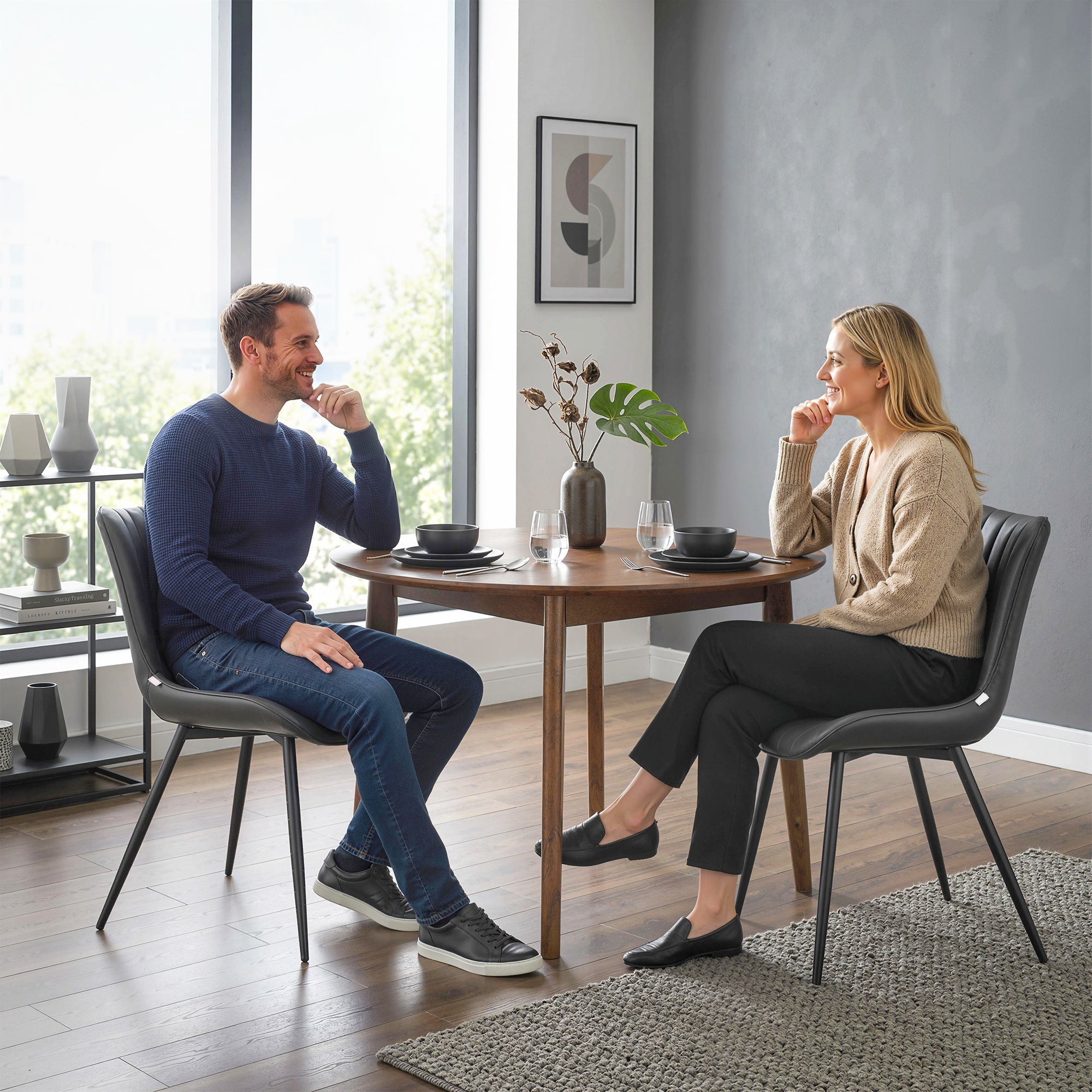 Dining Chairs Set of 2, Modern PU Leather Upholstered Kitchen Chairs with Tufted Backrest and Steel Legs for Dining Room, Living Room, Black