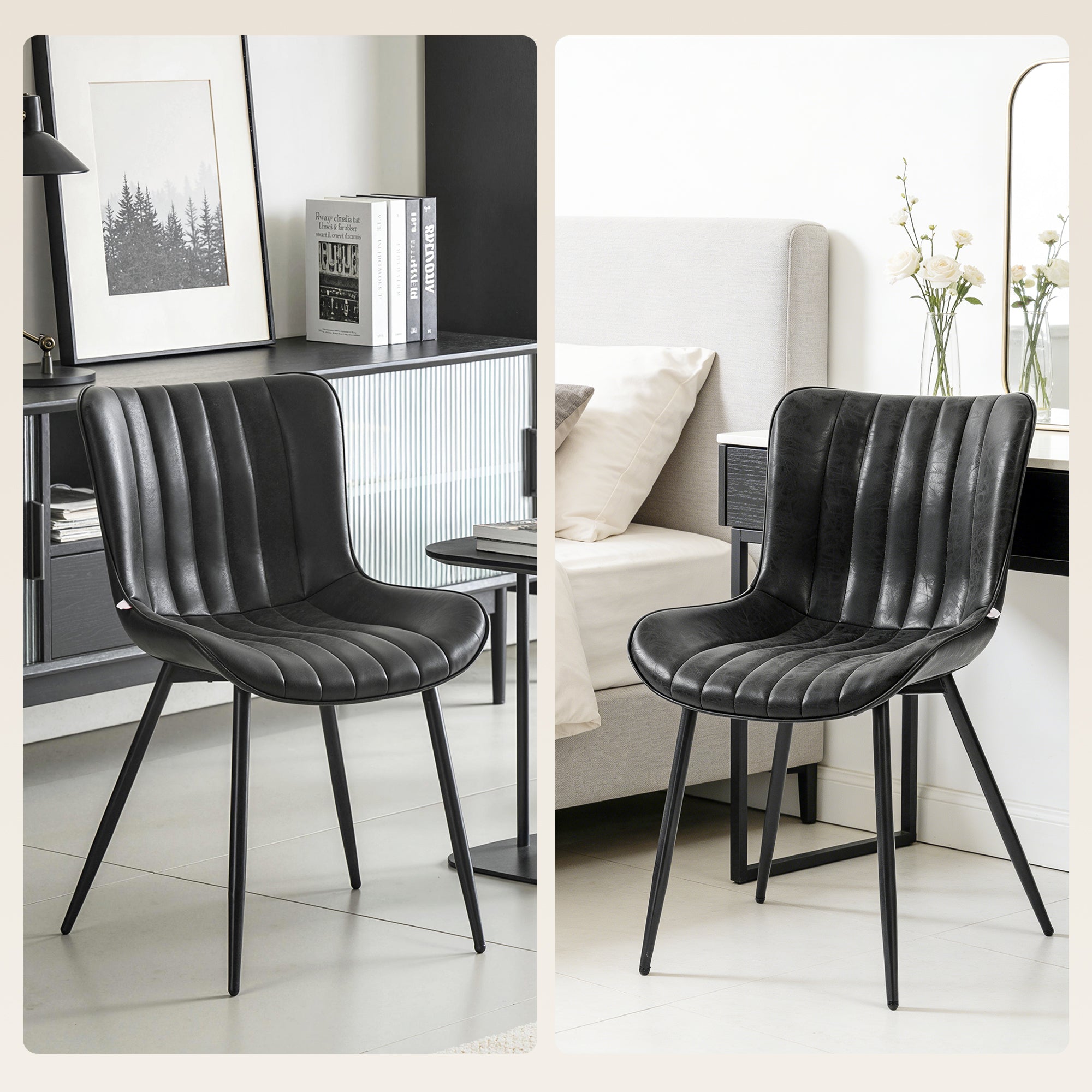 Dining Chairs Set of 2, Modern PU Leather Upholstered Kitchen Chairs with Tufted Backrest and Steel Legs for Dining Room, Living Room, Black