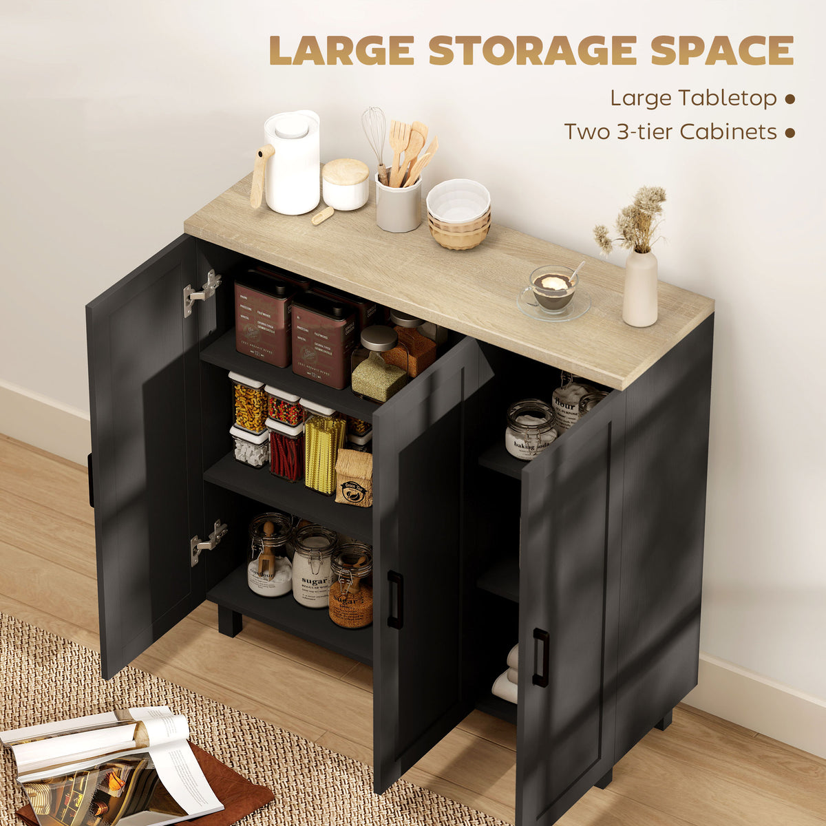 Sideboard Buffet Cabinet, Kitchen Storage Cabinet with 3 Doors and Adjustable Shelves for Living Room, Kitchen, Dining Room, Black
